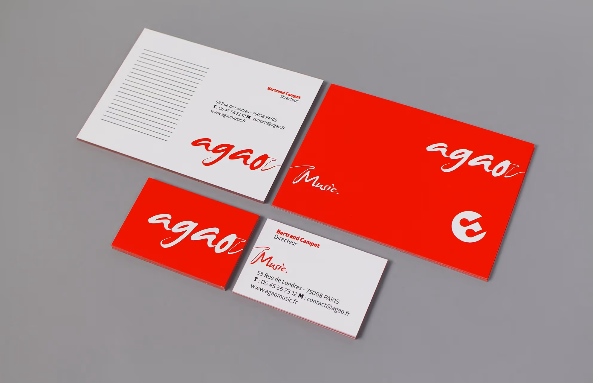 Papeterie Agao Music : carte de correspondance, enveloppe et cartes de visite rouges et blanches
