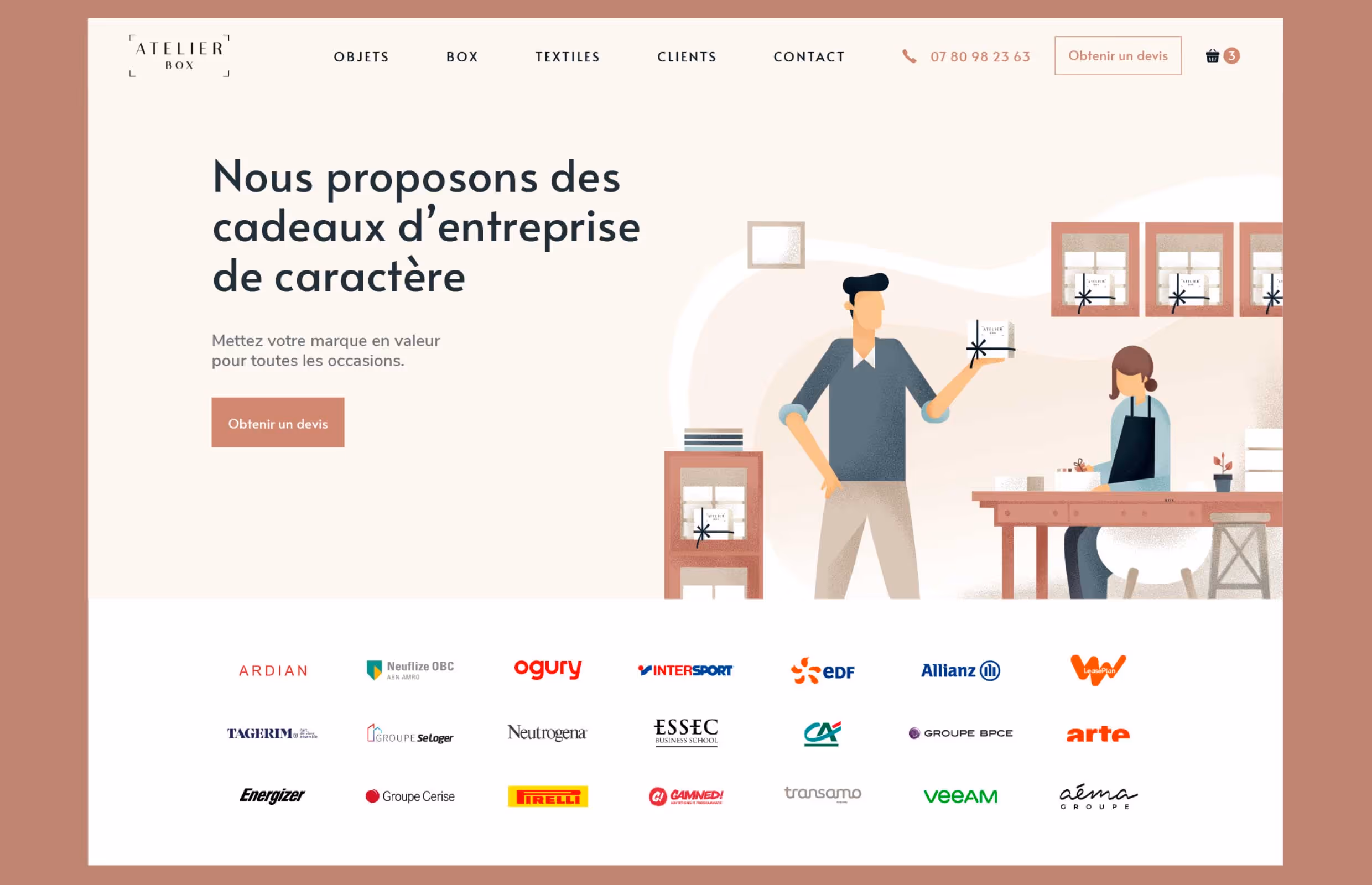 Page d'accueil desktop d'Atelierbox.fr : « Nous proposons des cadeaux d'entreprise de caractère »