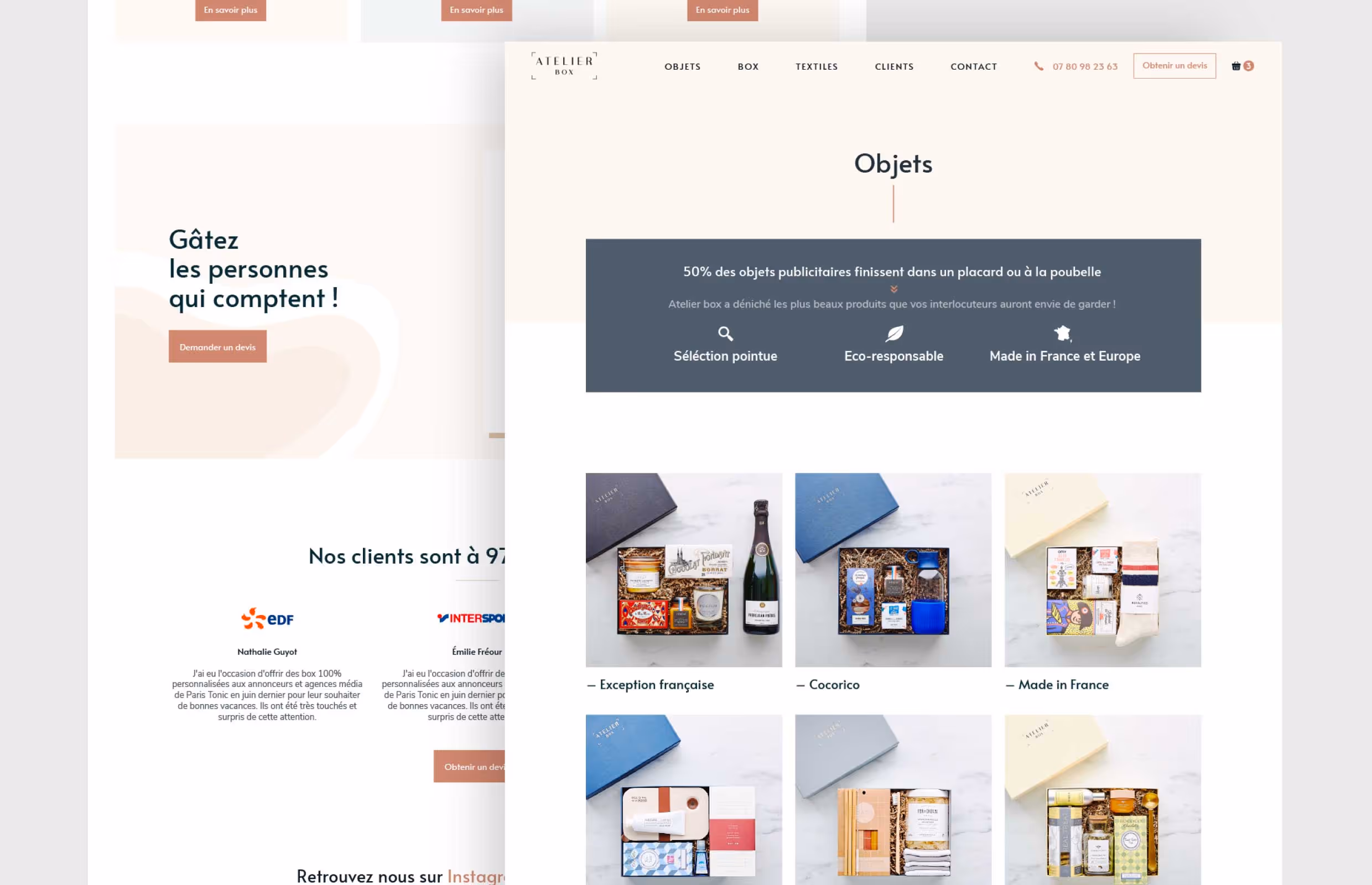 Page catalogue Objets d'Atelierbox.fr en version desktop, avec la grille de coffrets cadeaux