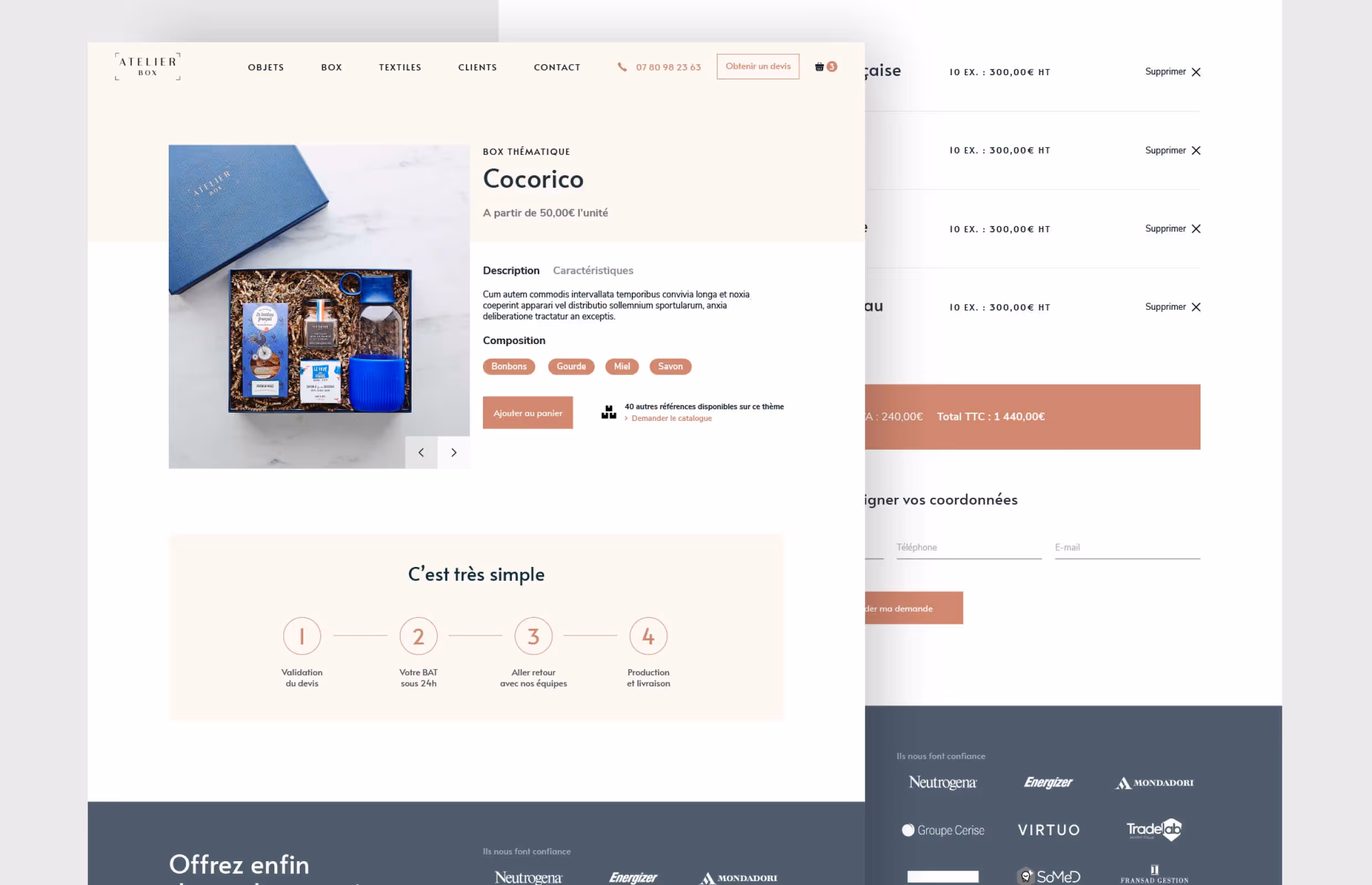 Fiche produit d'un coffret cadeau Cocorico et formulaire de commande d'Atelierbox.fr, en version desktop