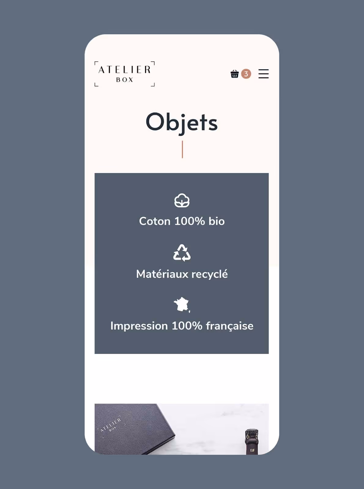 Page Objets d'Atelierbox.fr en version mobile : coton bio, matériaux recyclés, impression française