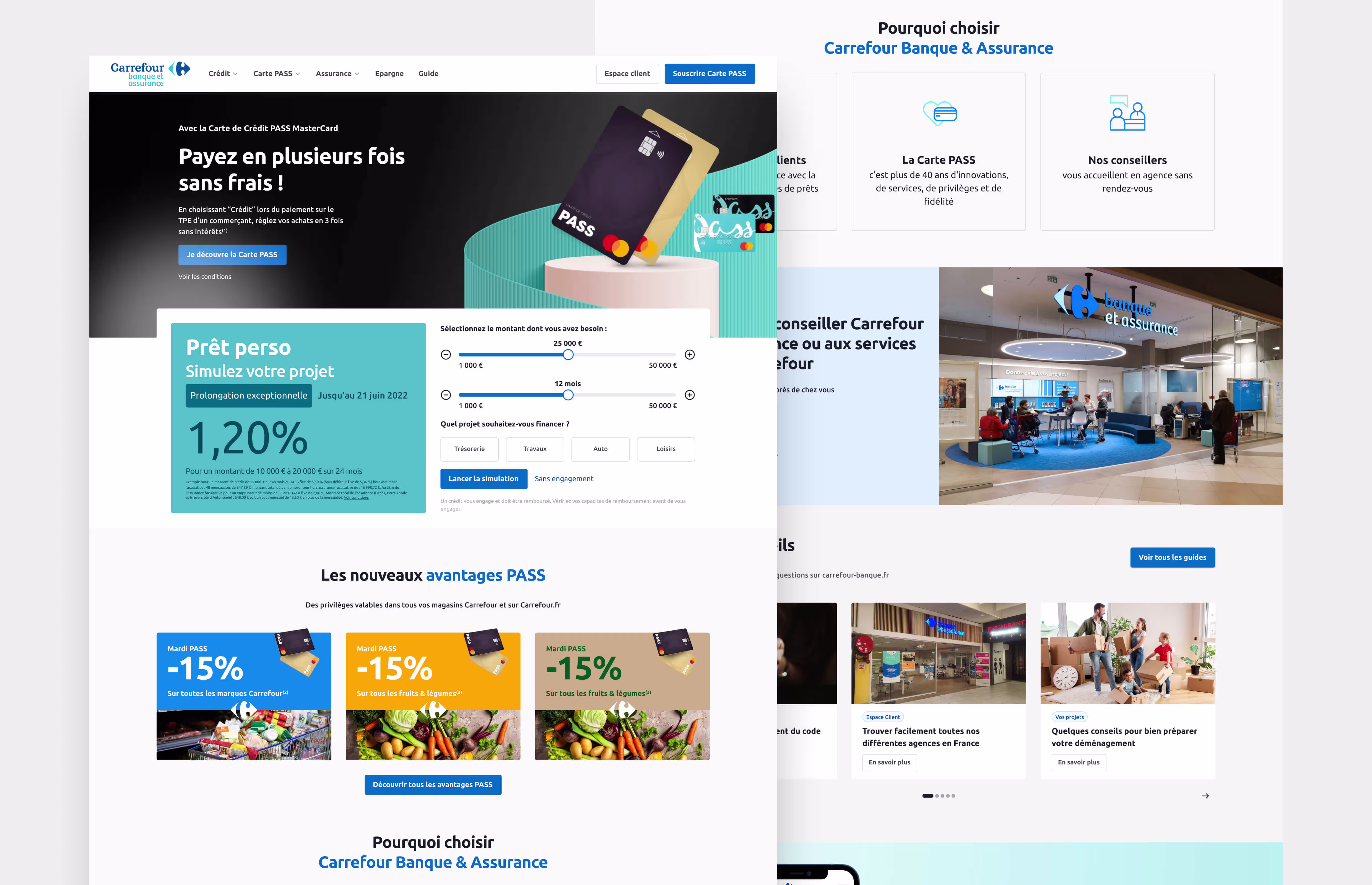 Page d'accueil web de Carrefour Banque & Assurance avec la carte PASS et un simulateur de prêt personnel