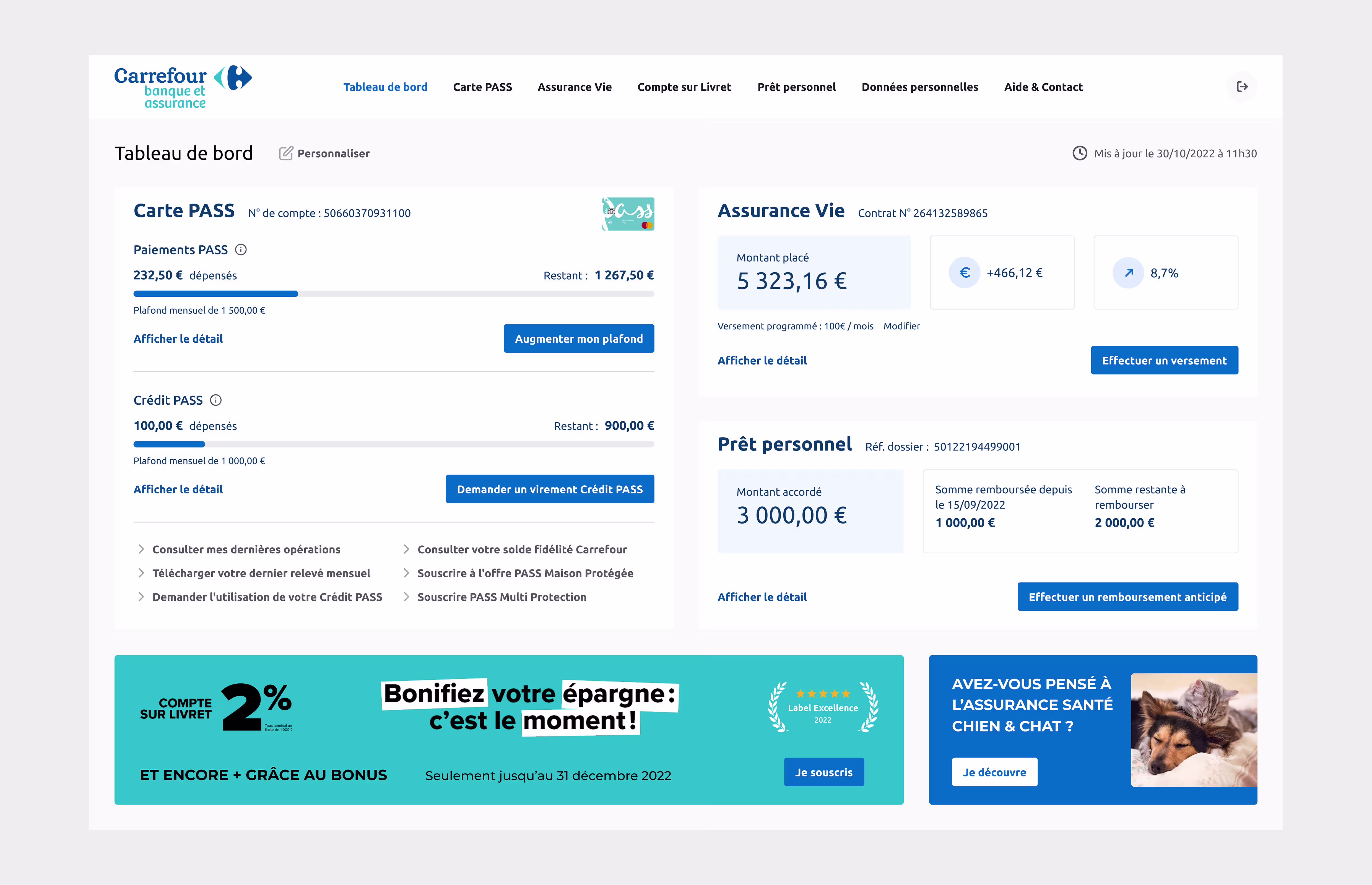 Tableau de bord de l'espace client Carrefour Banque : carte PASS, assurance vie et prêt personnel