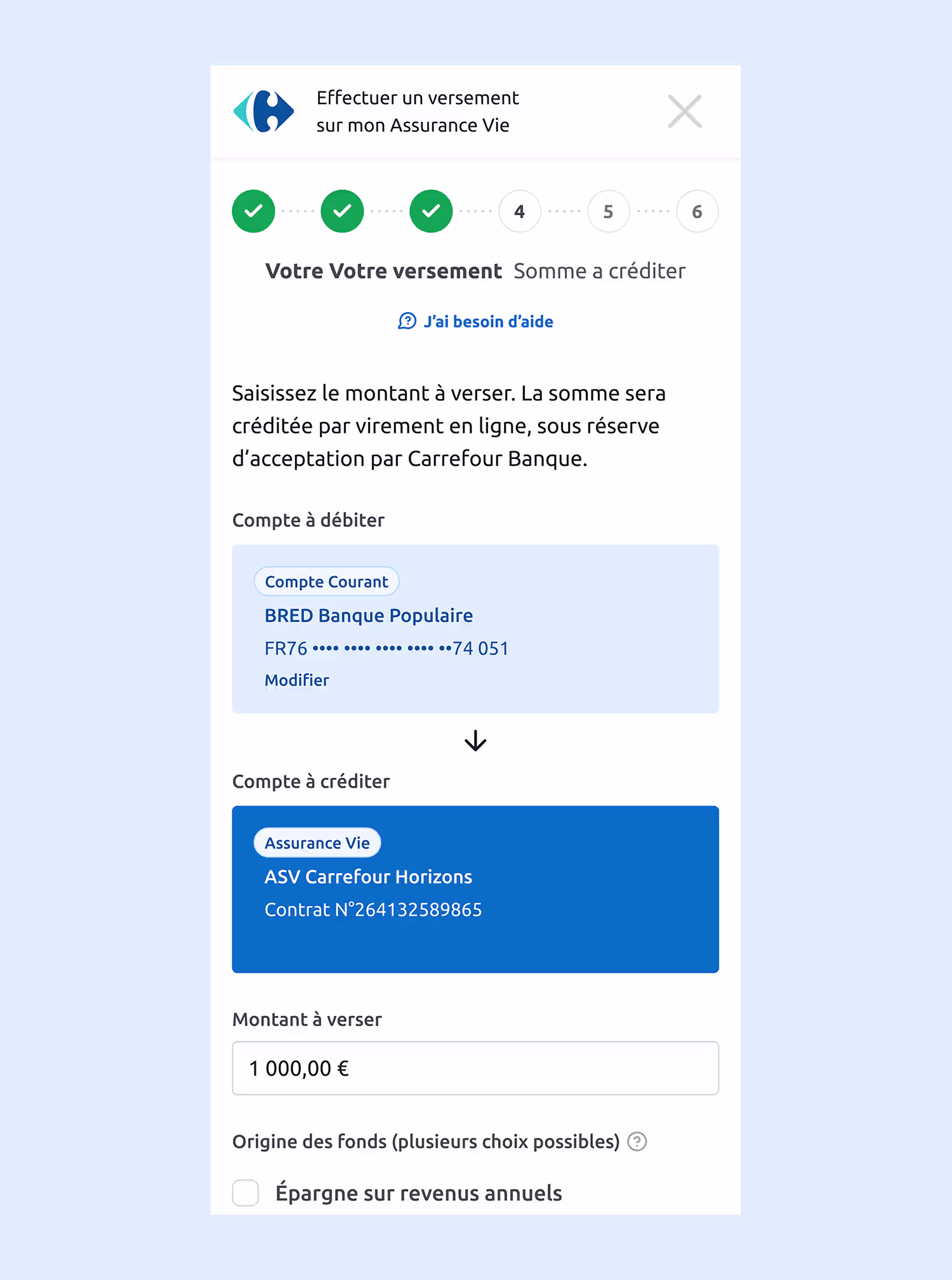 Écran mobile de versement sur une assurance vie Carrefour Banque, avec les étapes et le choix des comptes