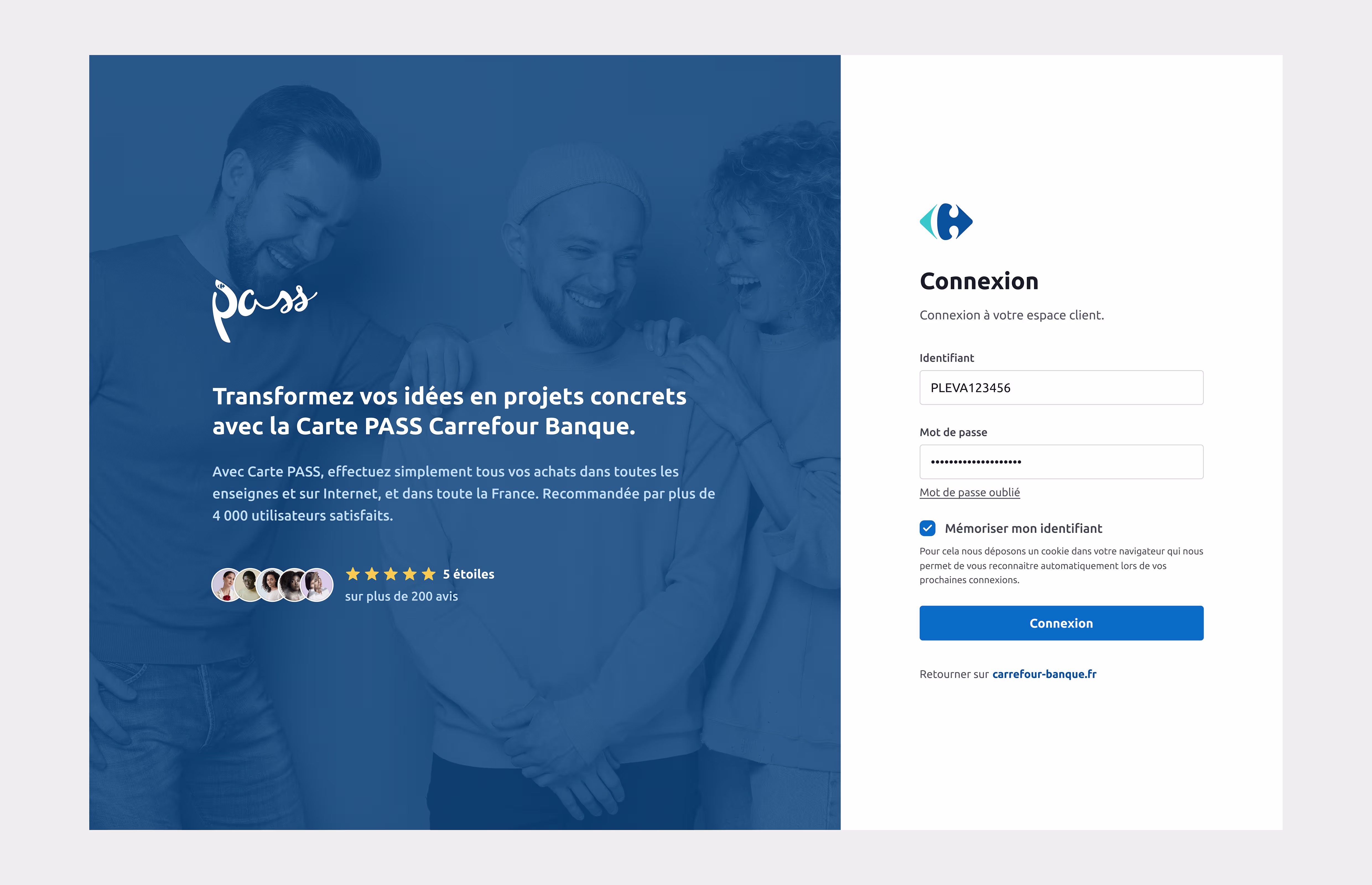 Page de connexion à l'espace client Carrefour Banque avec la carte PASS