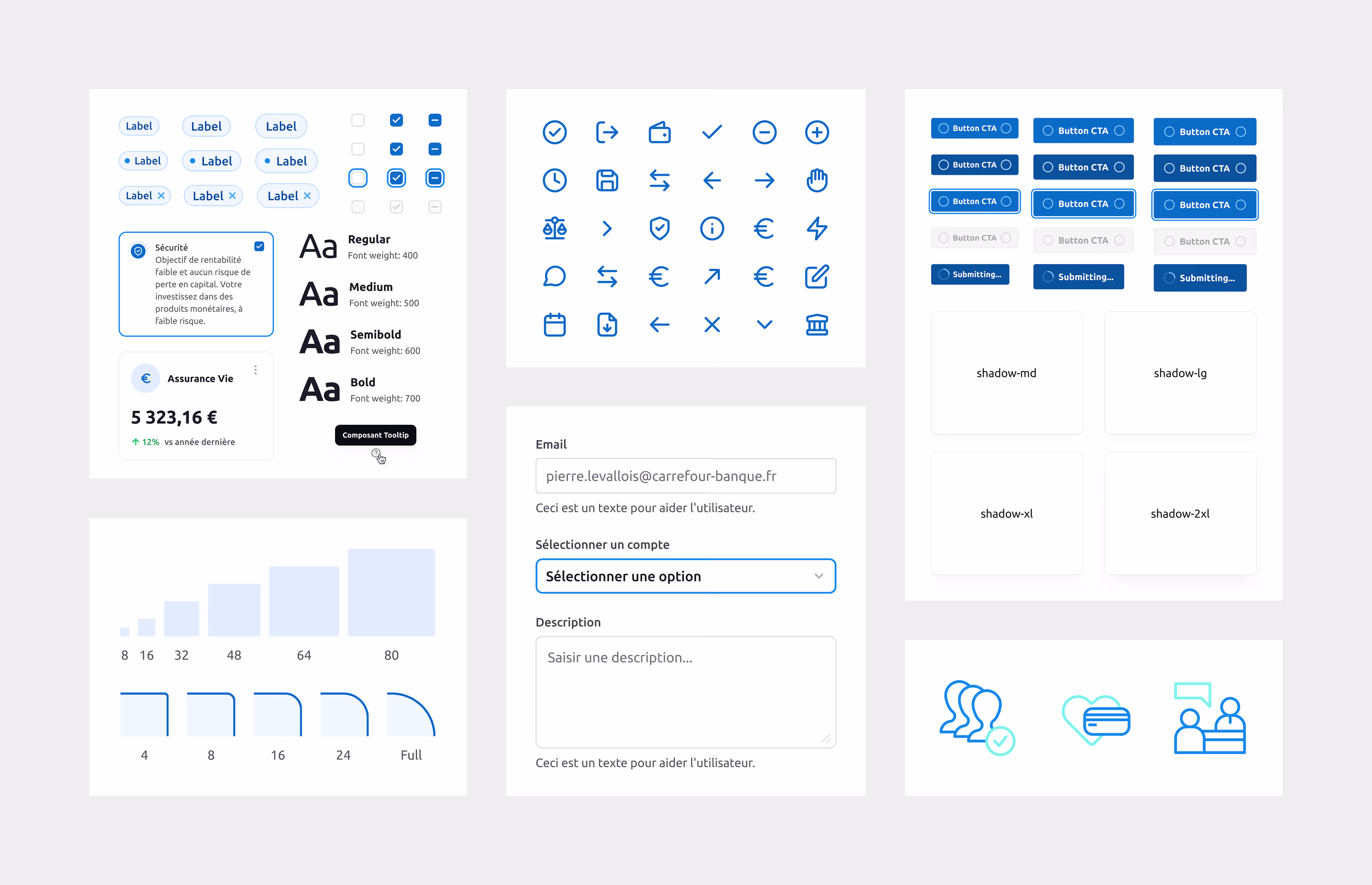 Éléments du design system Carrefour Banque : boutons, champs, icônes et typographies