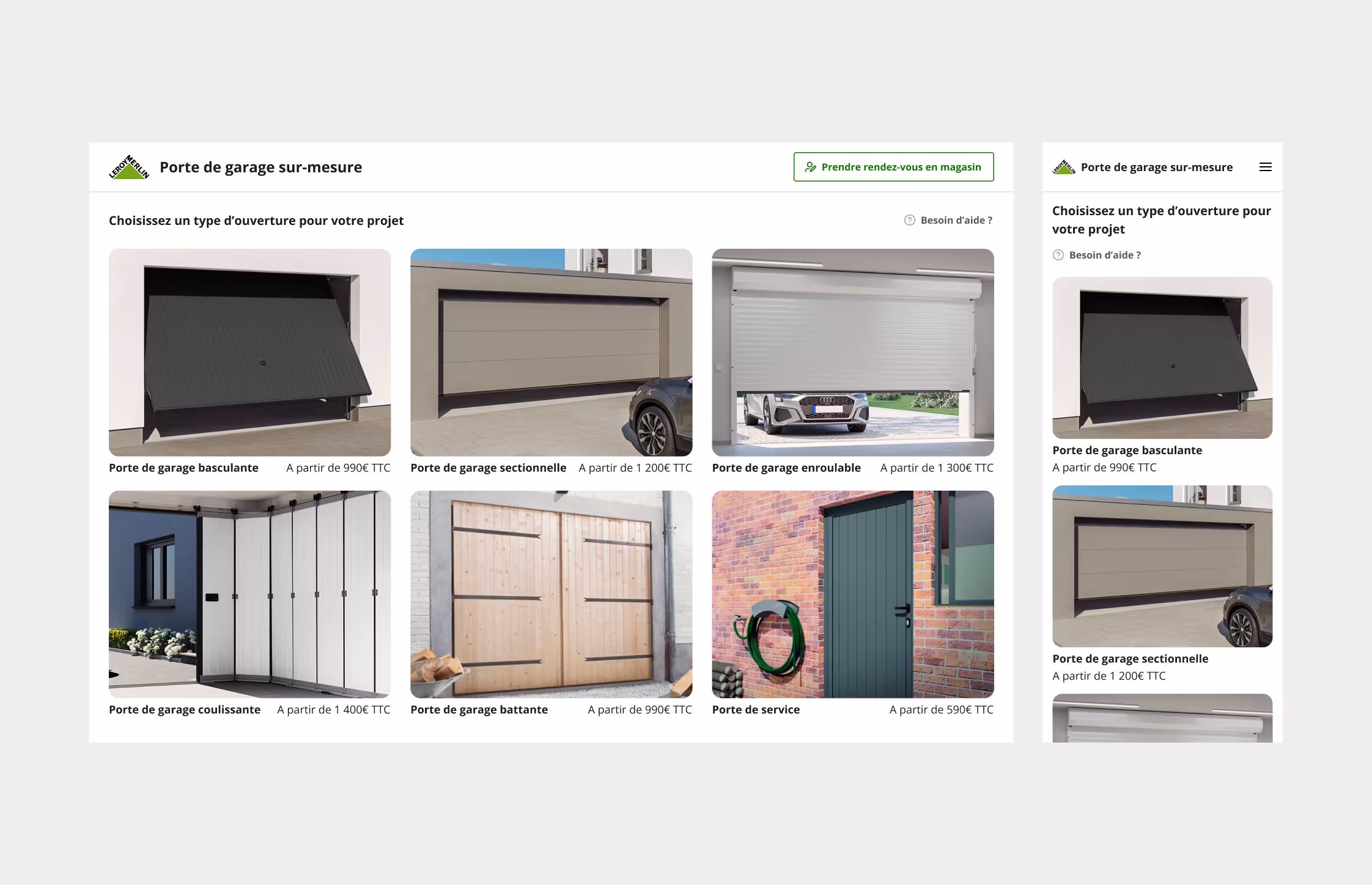 Configurateur de porte de garage sur mesure Leroy Merlin : choix du type d'ouverture, en desktop et mobile