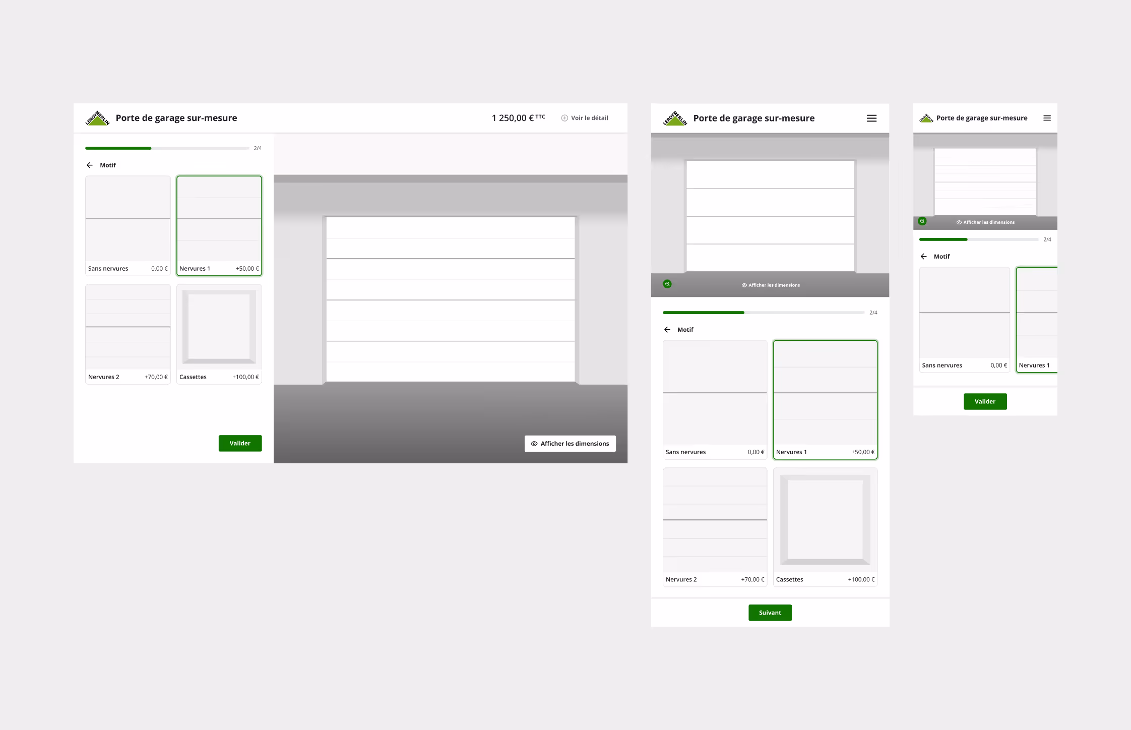 Configurateur Leroy Merlin : choix des options de la porte, en desktop et mobile