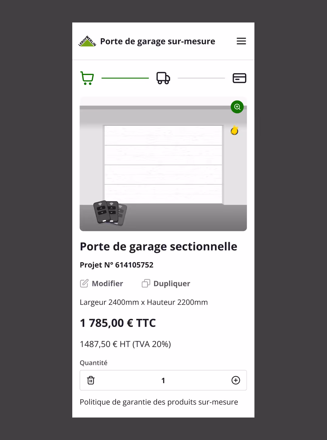 Récapitulatif mobile d'un projet de porte de garage sectionnelle sur mesure, avec le prix et la quantité