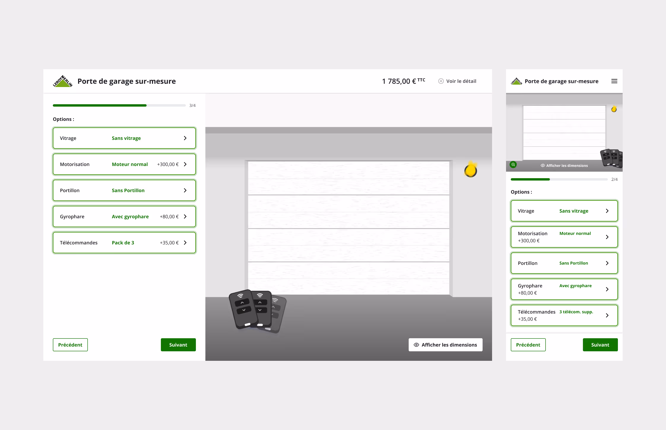 Configurateur de porte de garage Leroy Merlin : liste des options et aperçu de la porte, en desktop et mobile