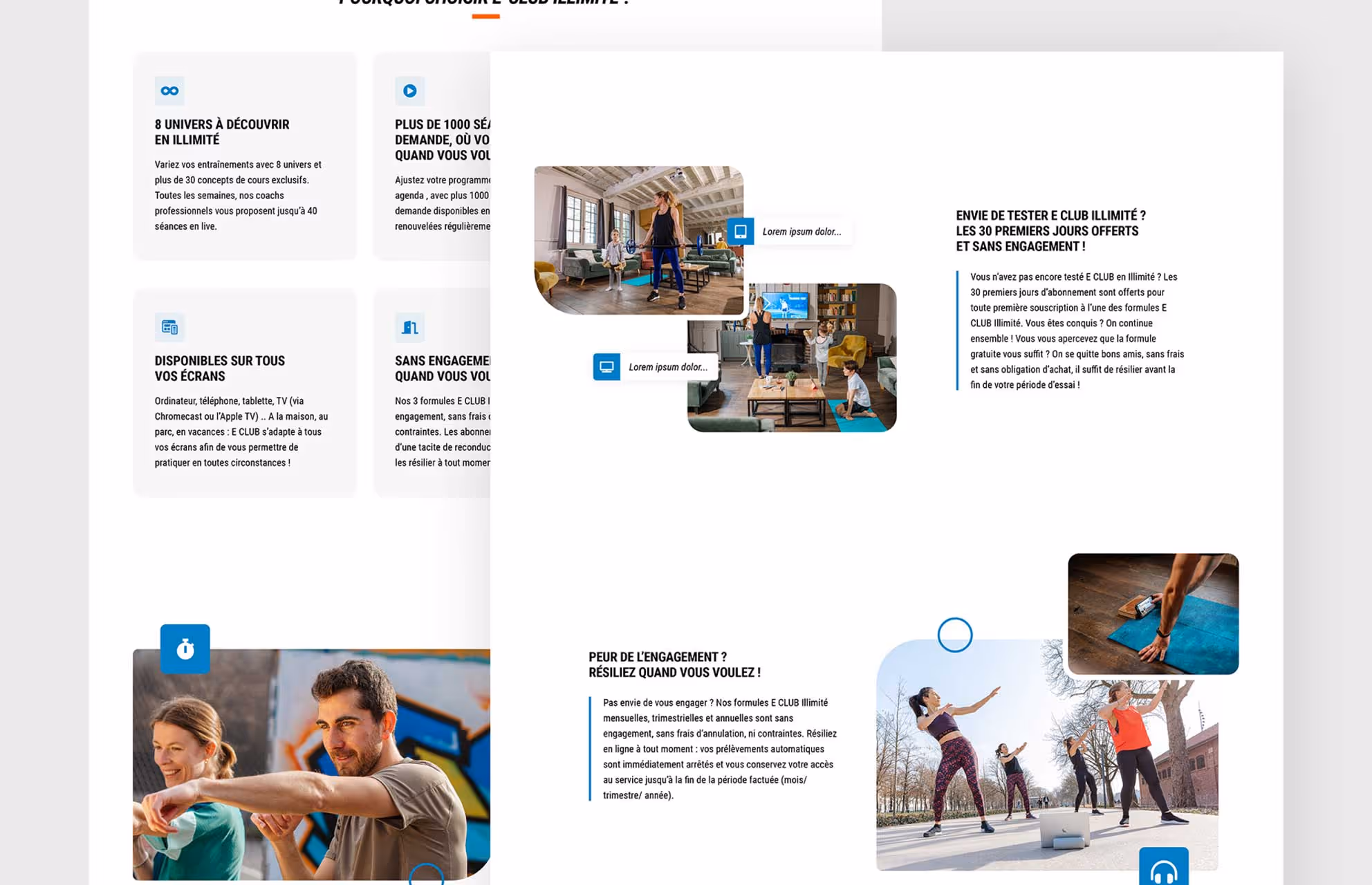 Sections de la page Decathlon E CLUB en version desktop avec photos de sportifs et arguments