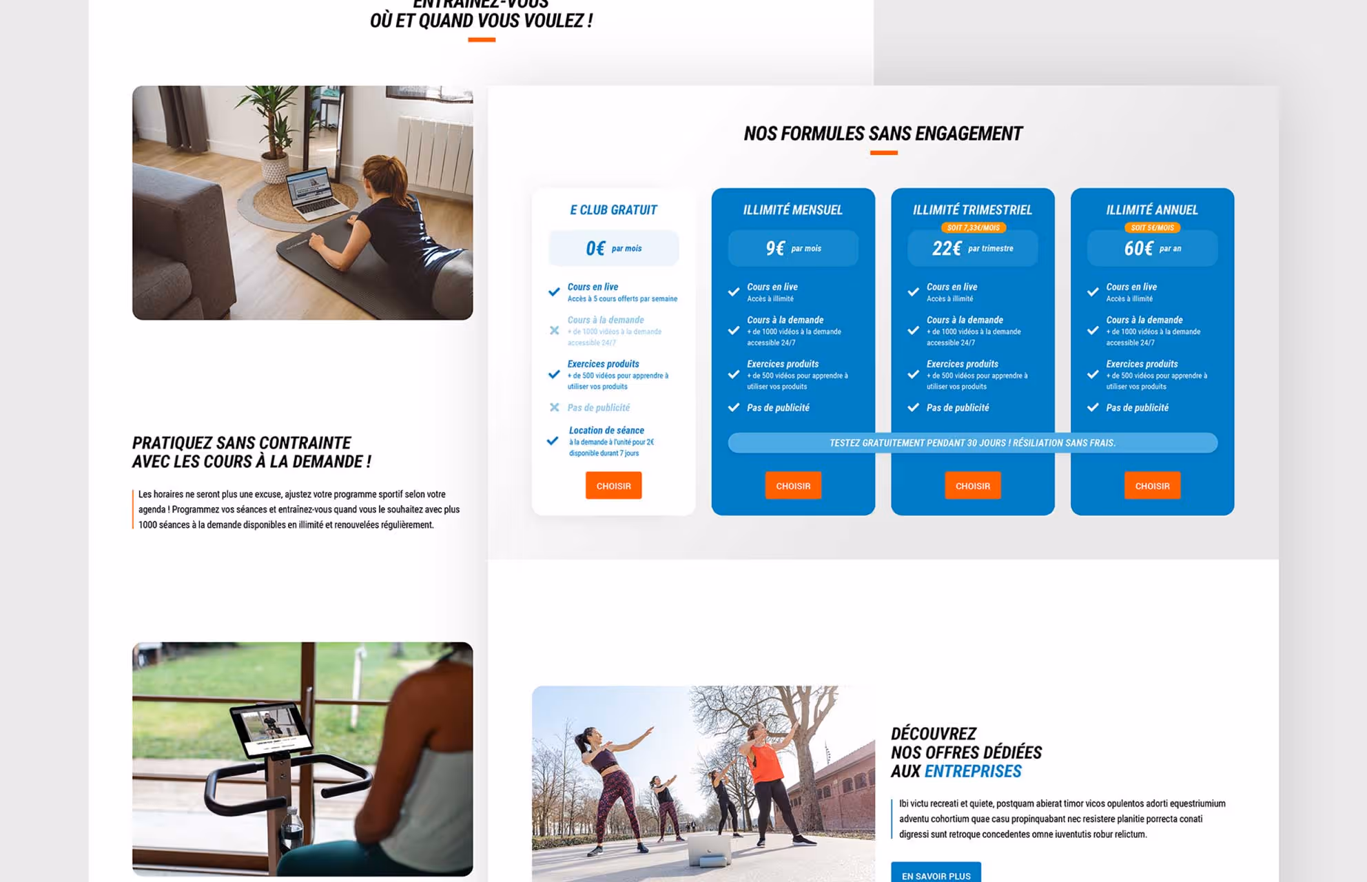 Formules sans engagement de Decathlon E CLUB en version desktop : gratuit, mensuel, trimestriel et annuel