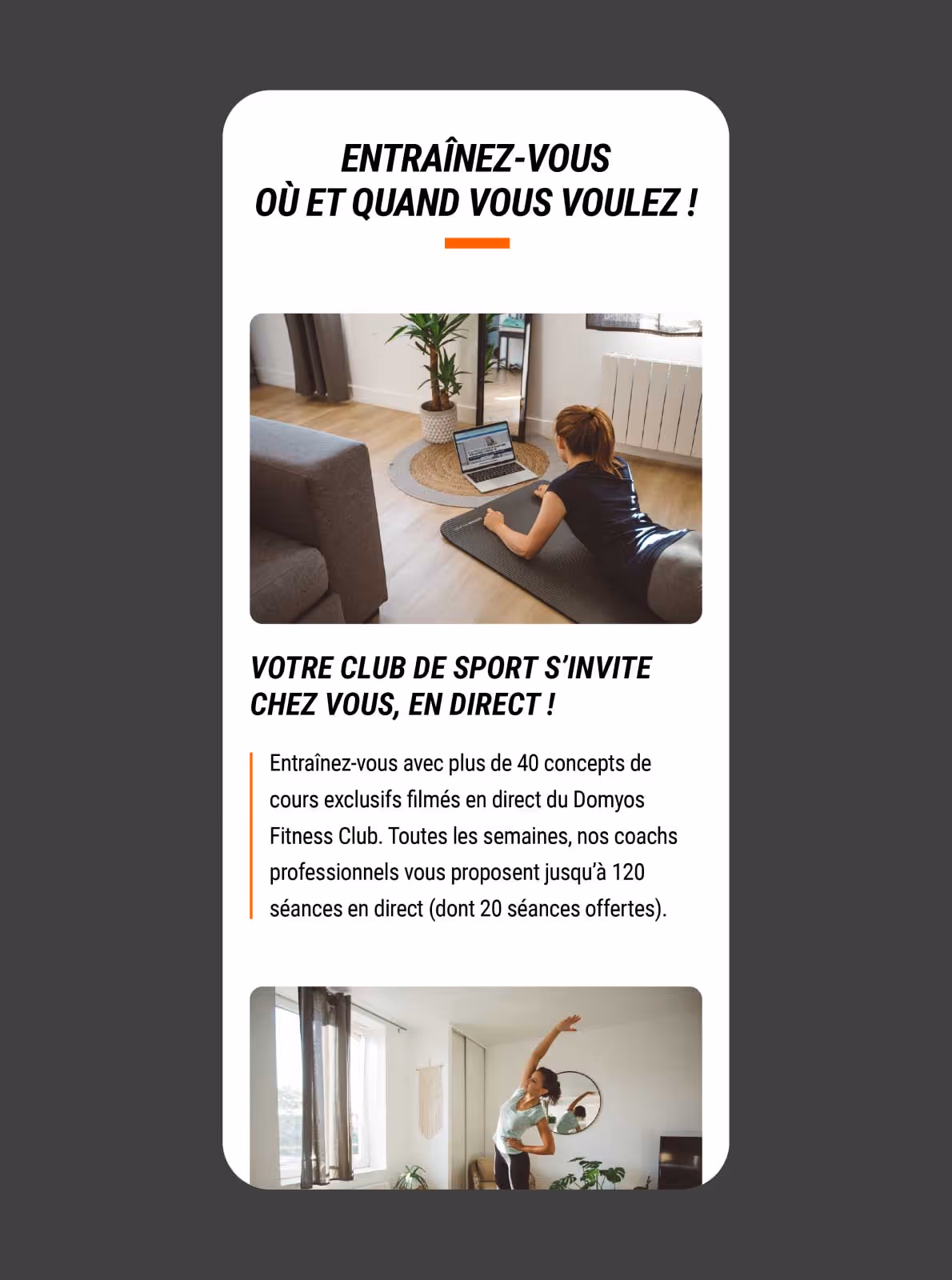 Section « Entraînez-vous où et quand vous voulez ! » de Decathlon E CLUB en version mobile