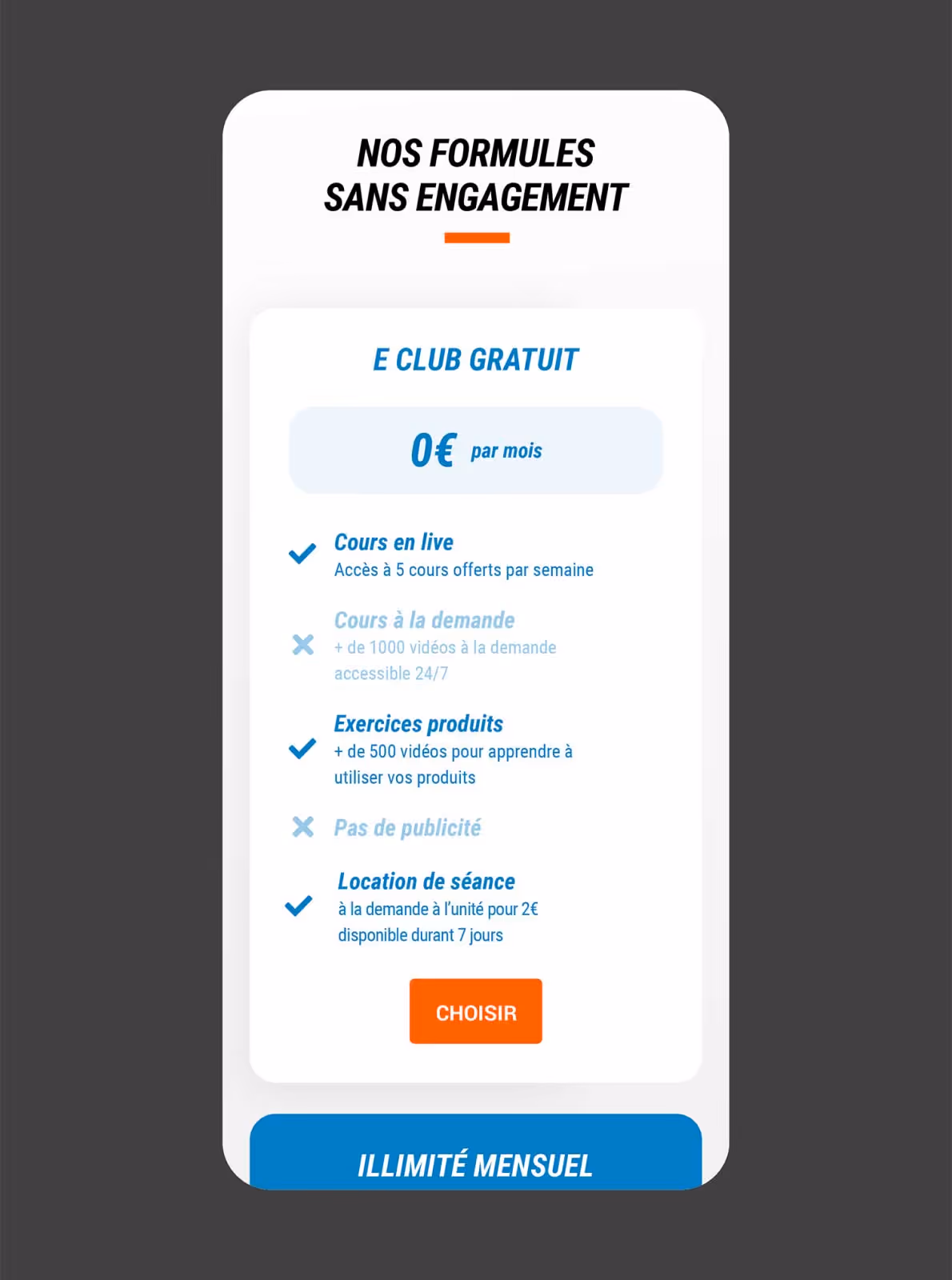Formules d'abonnement de Decathlon E CLUB en version mobile, avec l'offre gratuite