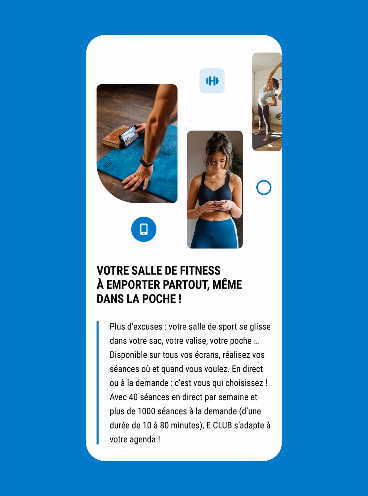 Section « Votre salle de fitness à emporter partout » de Decathlon E CLUB en version mobile