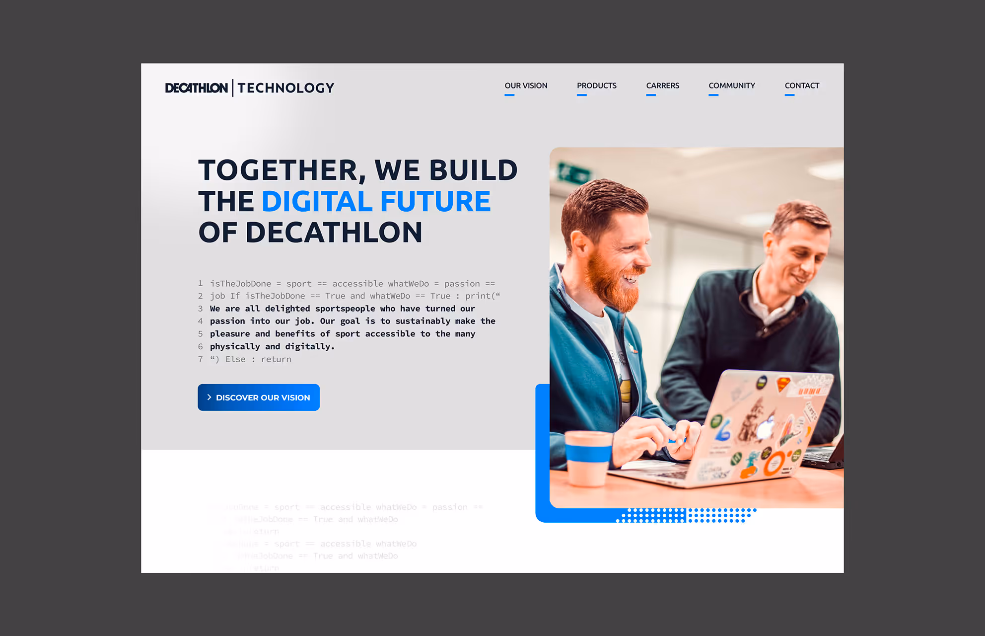 Page d'accueil de Decathlon Technology : « Together, we build the digital future of Decathlon »
