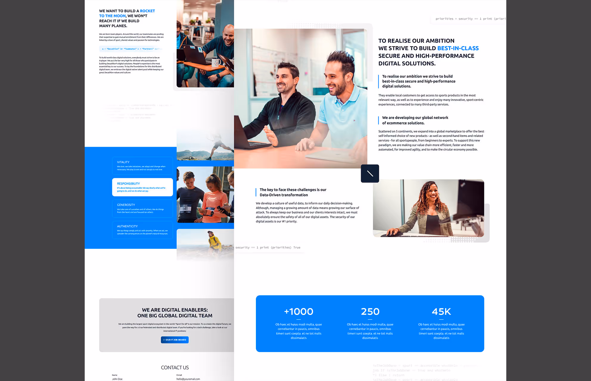 Page de présentation de Decathlon Technology en version claire, avec chiffres clés et photos d'équipes