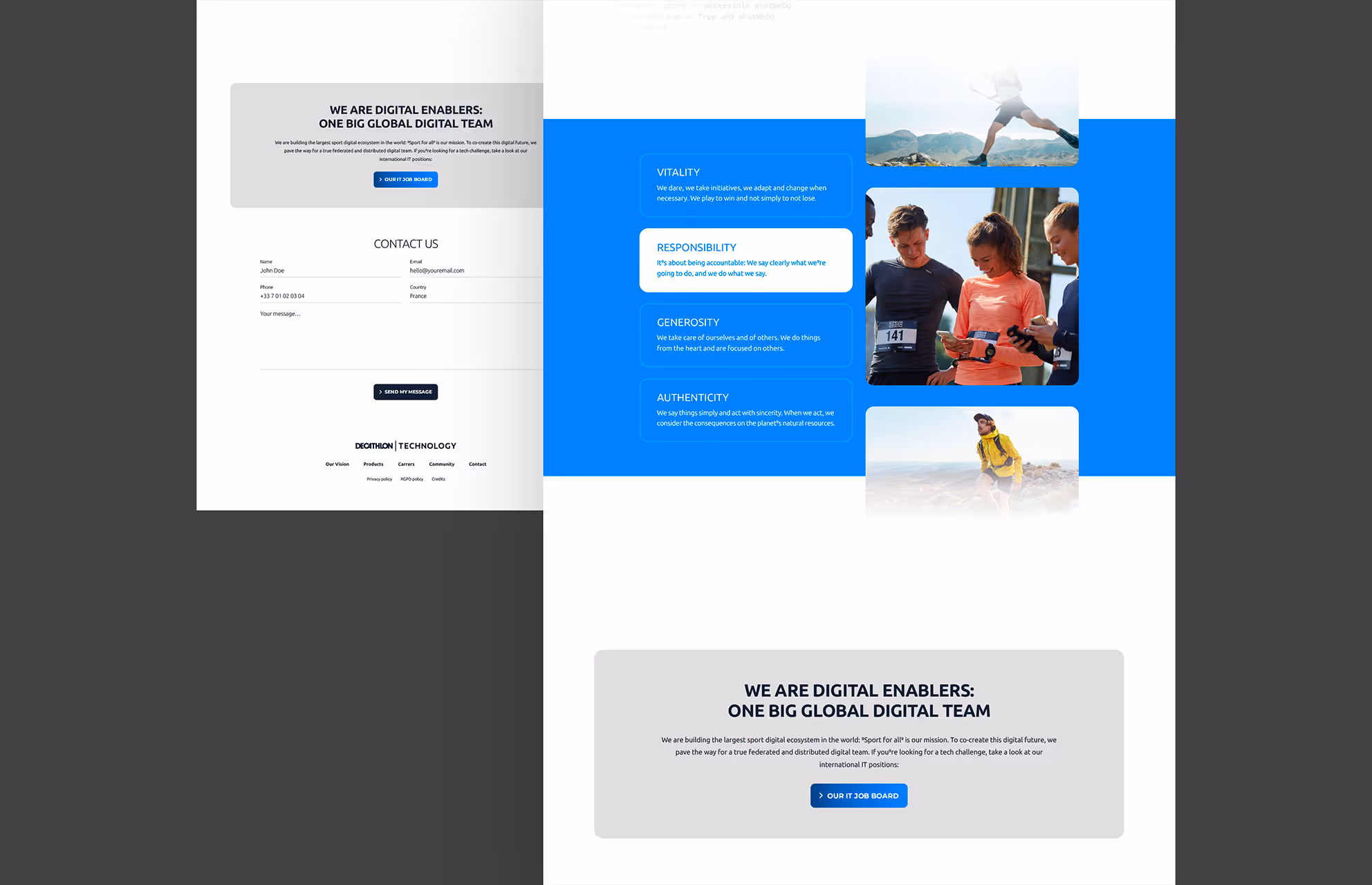 Bas de la page Decathlon Technology en version claire : valeurs, « We are digital enablers » et contact