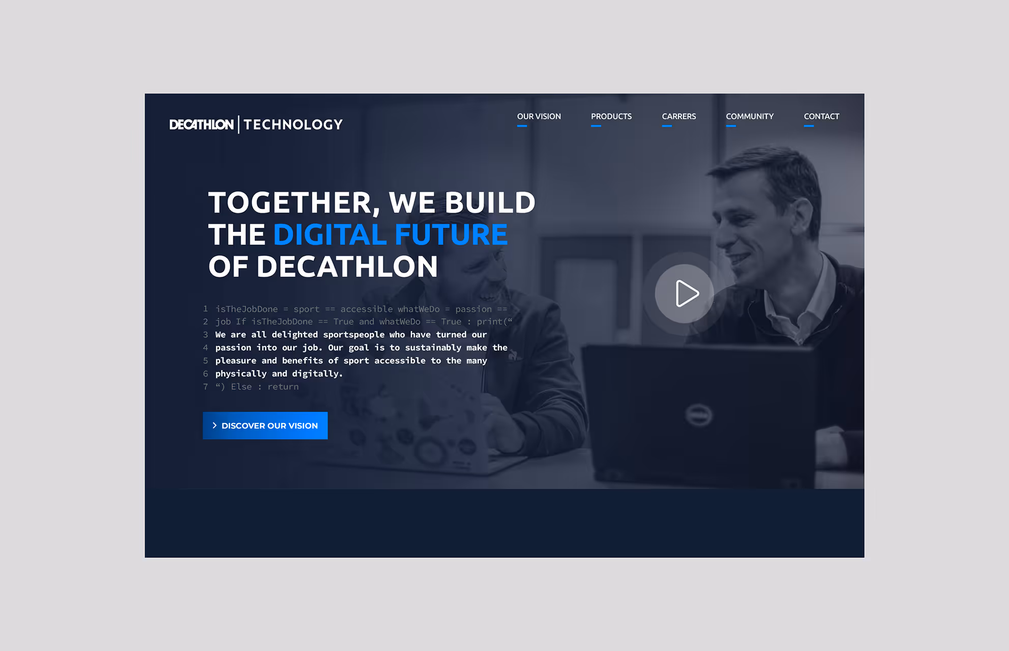 Page d'accueil de Decathlon Technology en version sombre, avec une vidéo de présentation