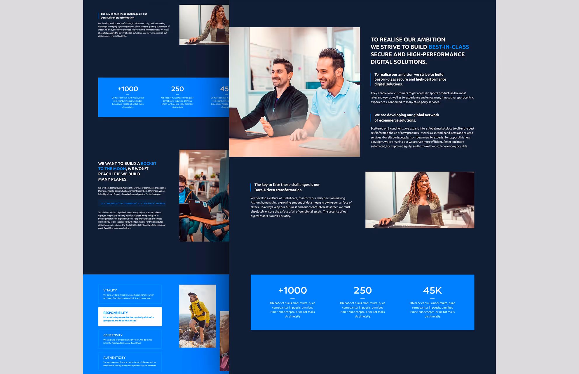 Page de présentation de Decathlon Technology en version sombre, avec les chiffres clés +1000, 250 et 45K