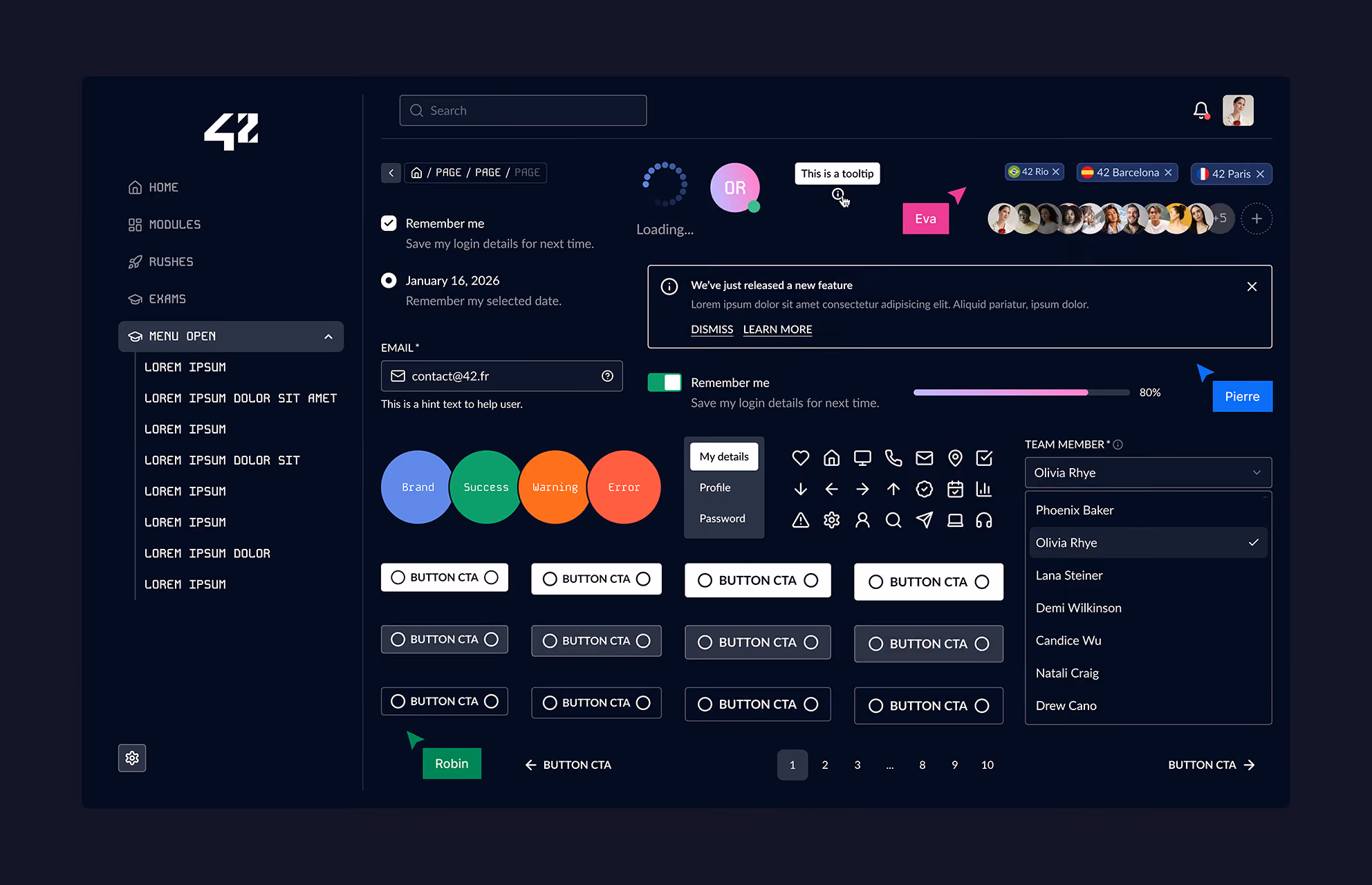 Composants du design system de l'école 42 : boutons, champs, icônes, avatars et menus sur fond sombre