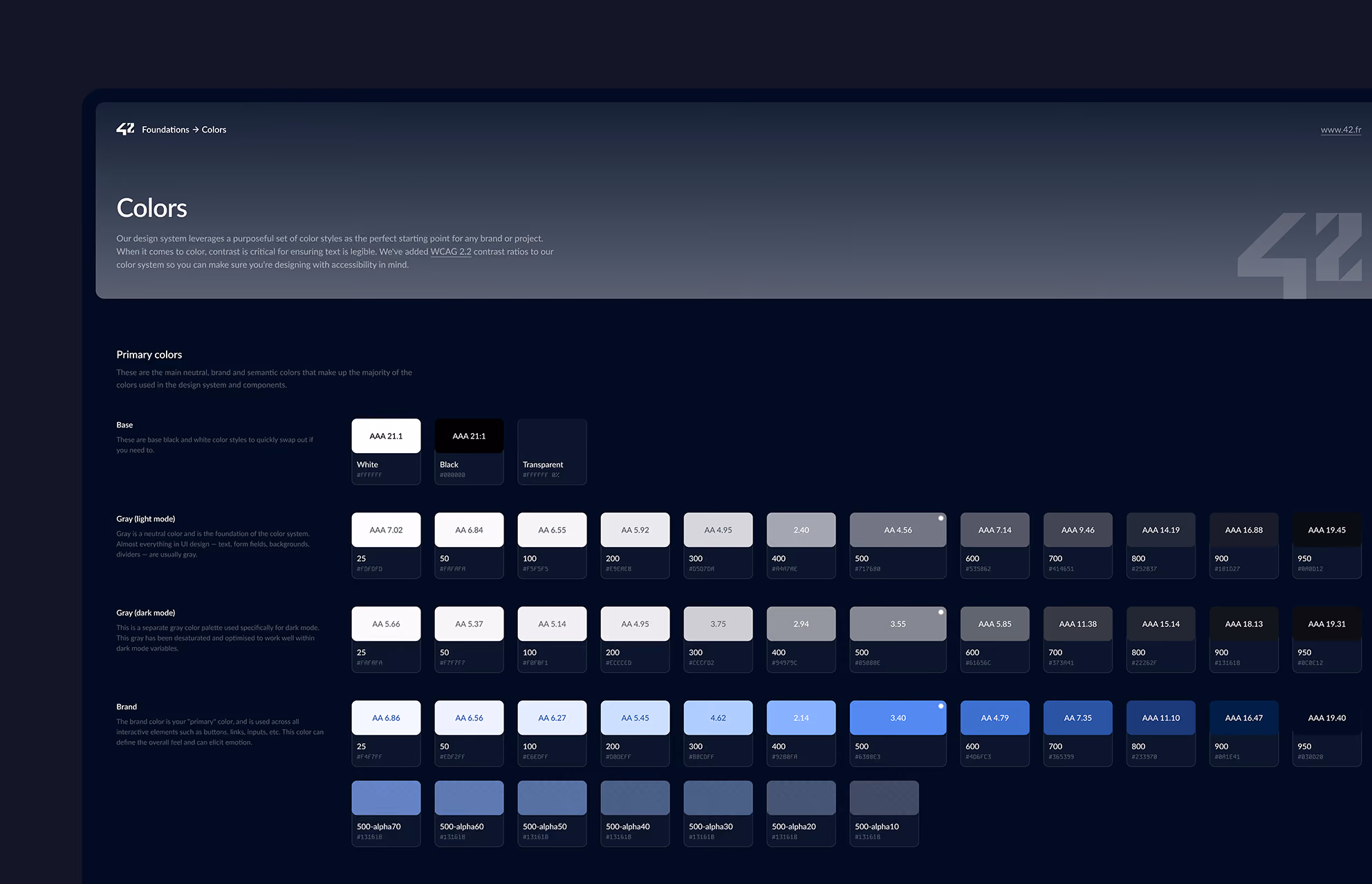 Palette de couleurs du design system de l'école 42