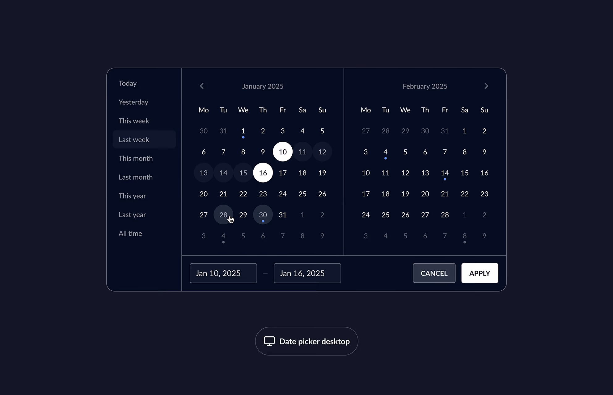 Composant sélecteur de dates du design system de l'école 42, en version desktop