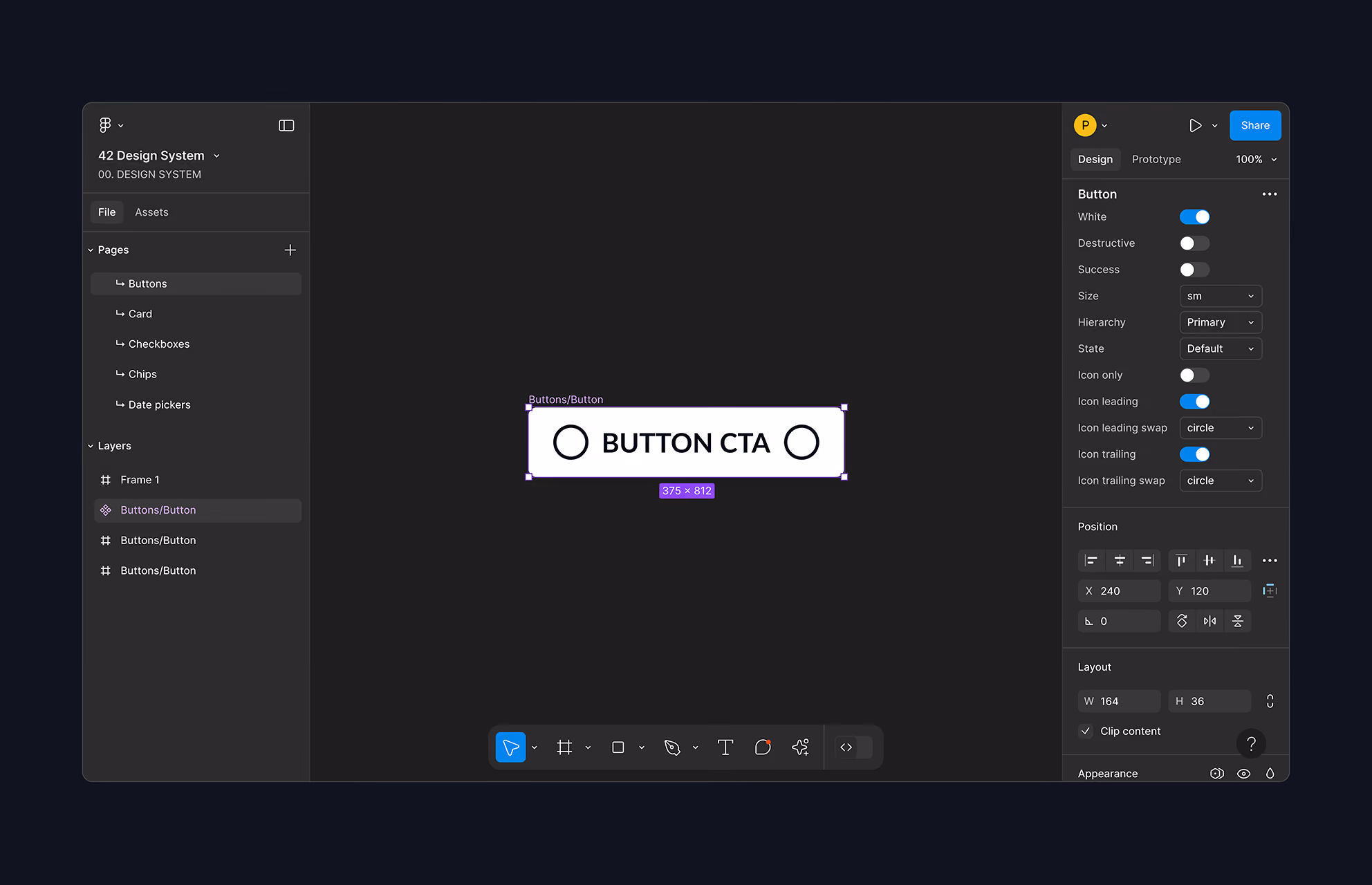 Composant bouton CTA du design system de l'école 42 dans Figma, avec ses propriétés