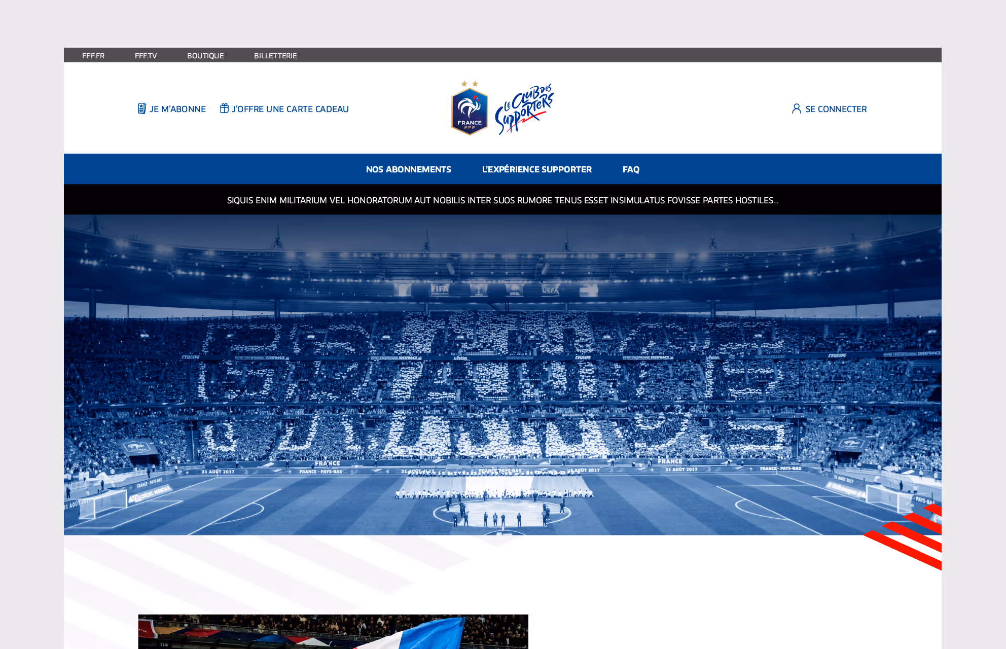 Page d'accueil desktop du Club des supporters de l'Équipe de France, avec un tifo « FRANCE » dans le stade