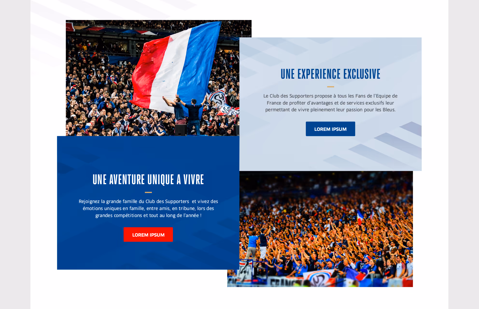 Section « Une aventure unique à vivre » du Club des supporters, avec un drapeau tricolore et des supporters