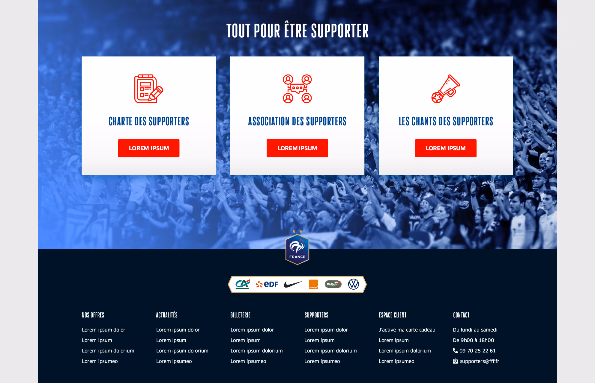 Section « Tout pour être supporter » et pied de page du Club des supporters
