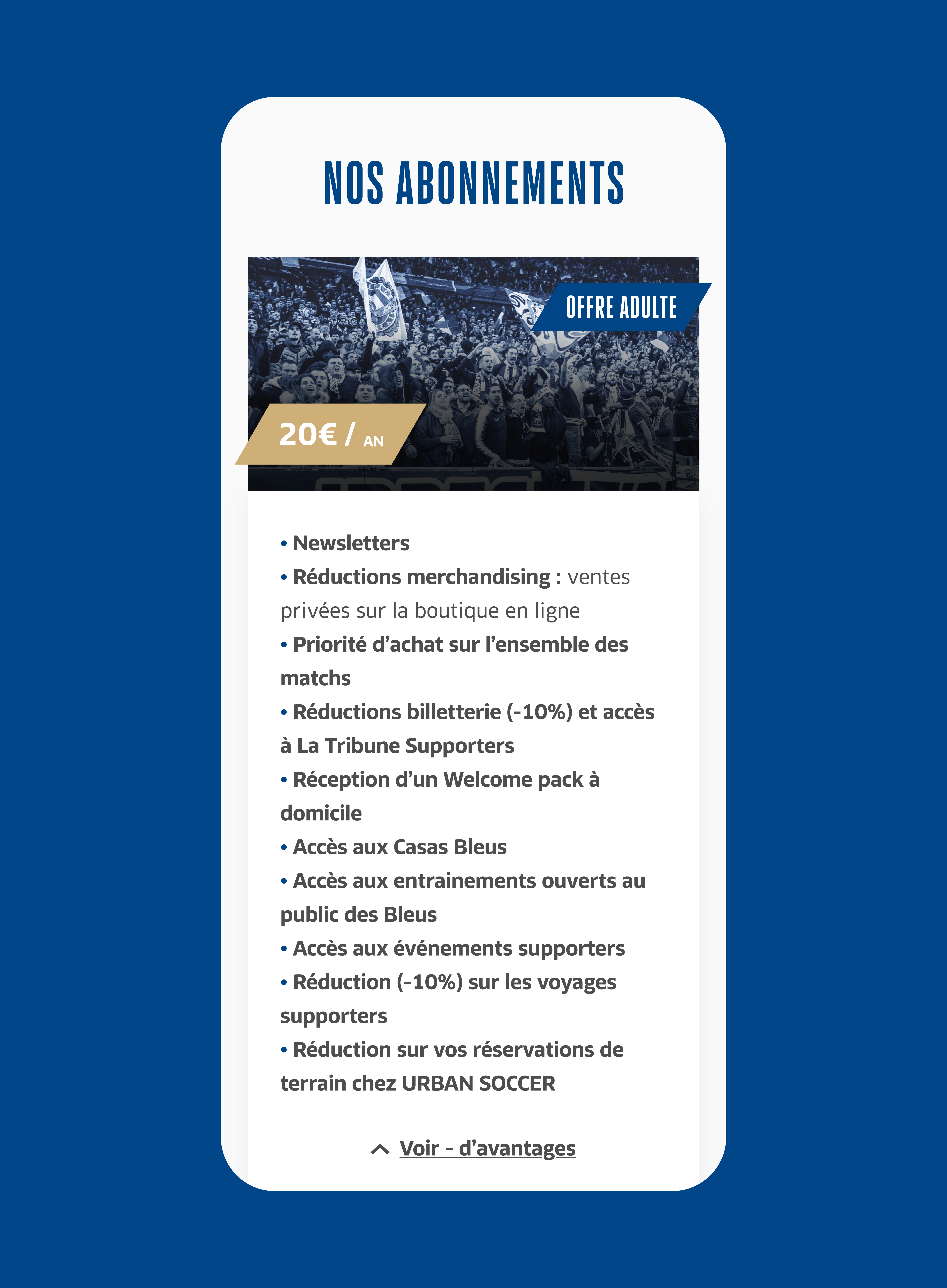 Offre d'abonnement adulte du Club des supporters en version mobile