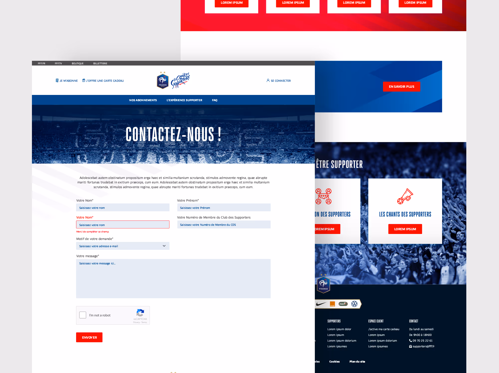 Page « Contactez-nous ! » du Club des supporters avec son formulaire, en version desktop