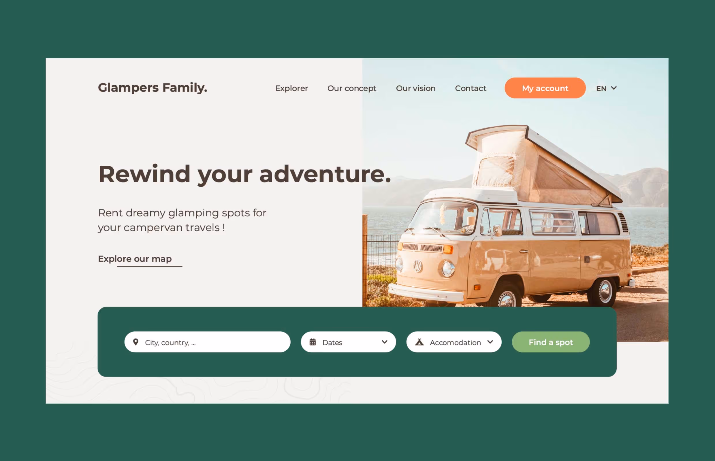 Page d'accueil desktop de Glampers Family : « Rewind your adventure. » avec un van et un moteur de recherche d'emplacements