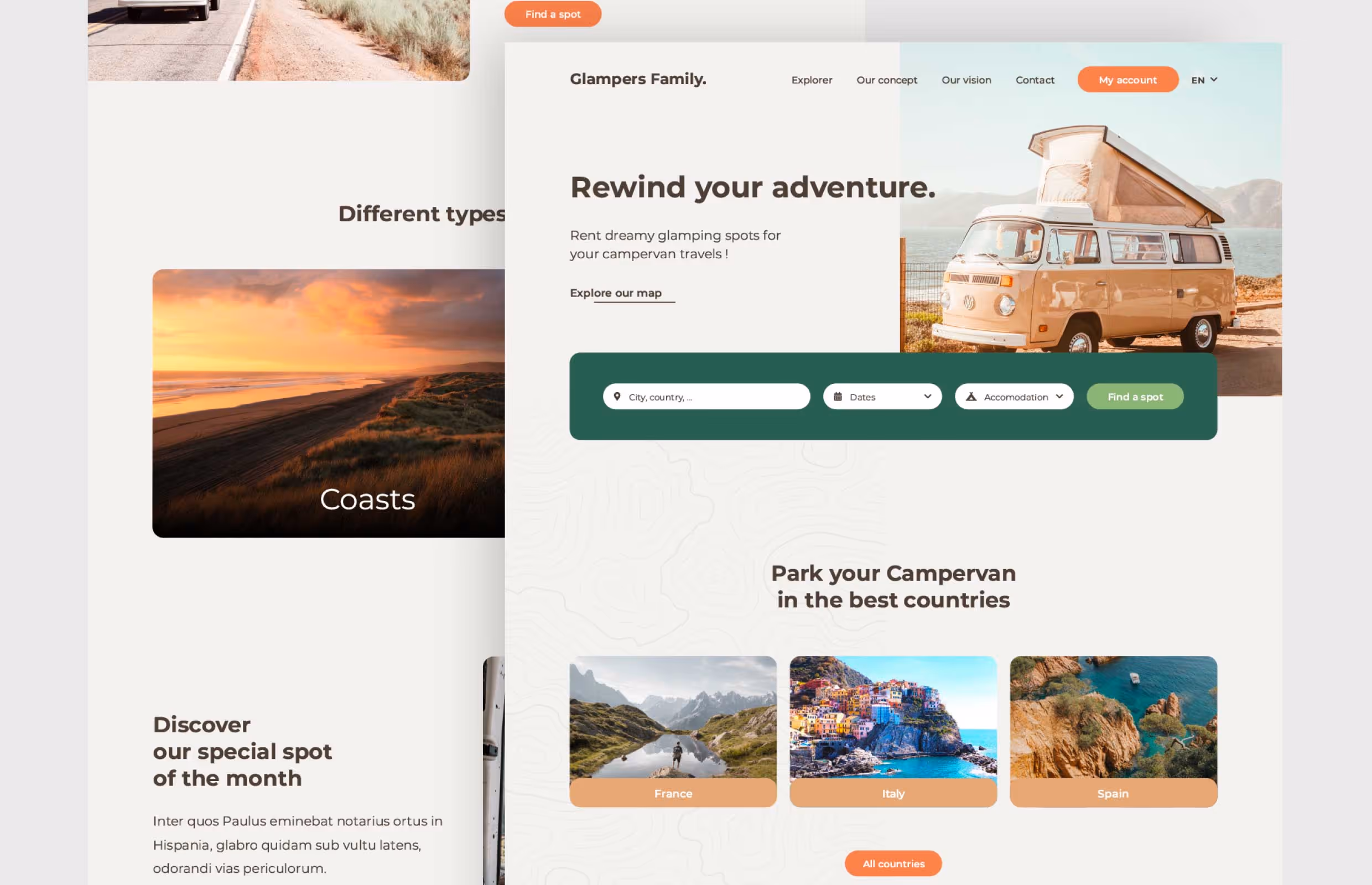 Page d'accueil de Glampers Family en version desktop, avec les types d'emplacements et les pays