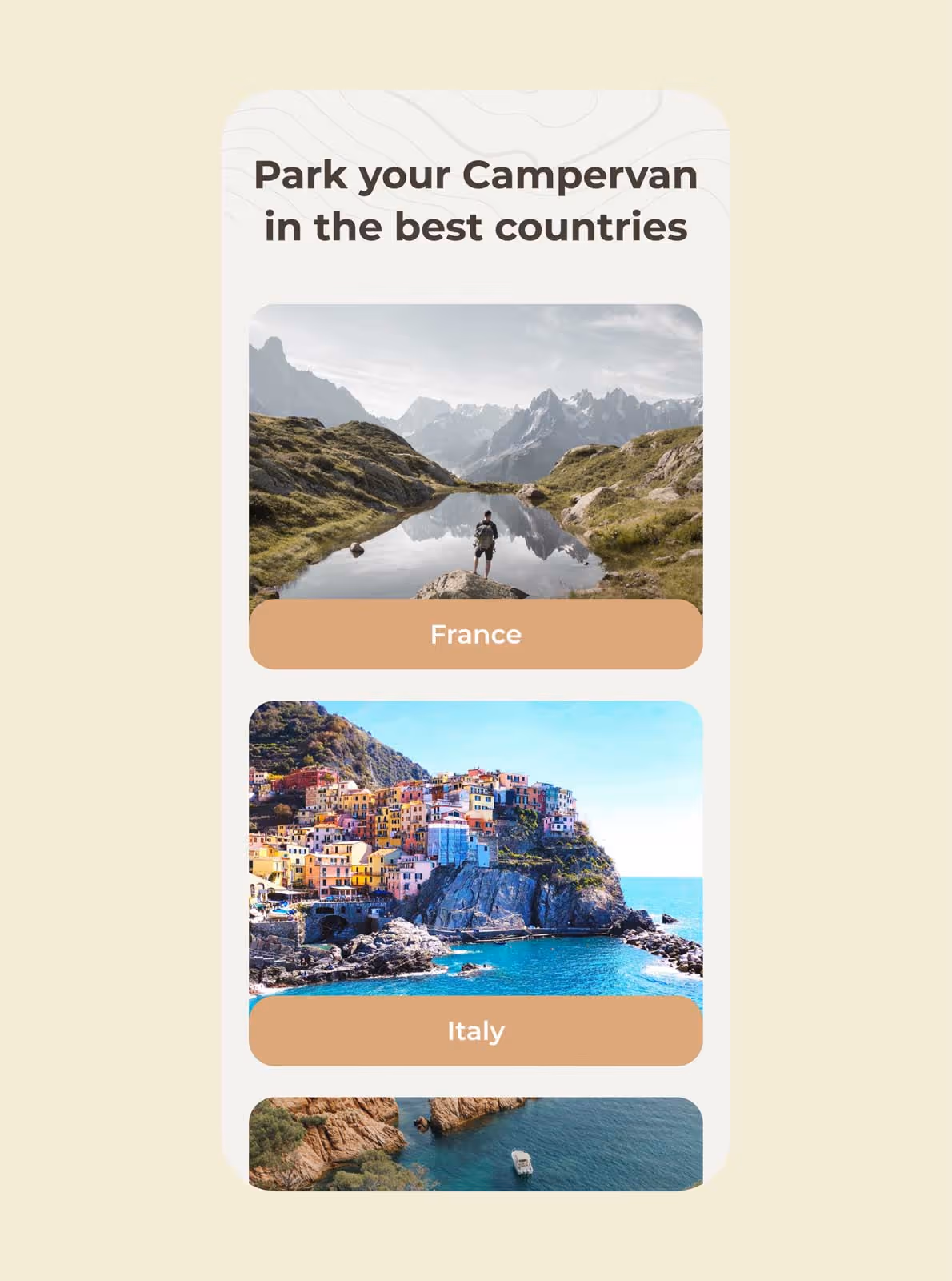 Écran mobile de Glampers Family : « Park your Campervan in the best countries »