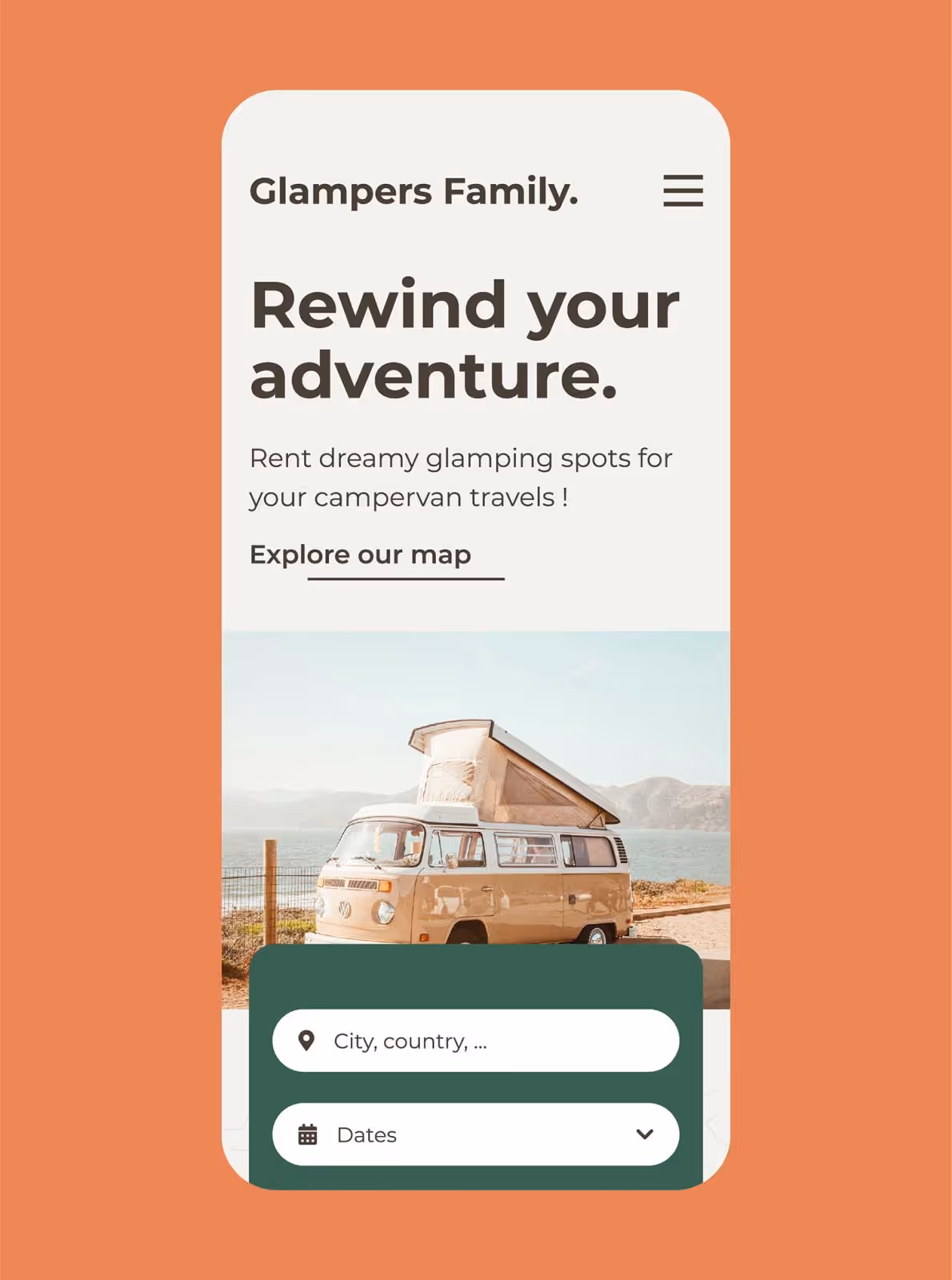 Page d'accueil mobile de Glampers Family : « Rewind your adventure. »
