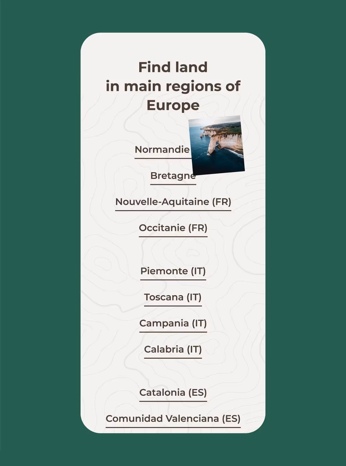Écran mobile de Glampers Family : « Find land in main regions of Europe »