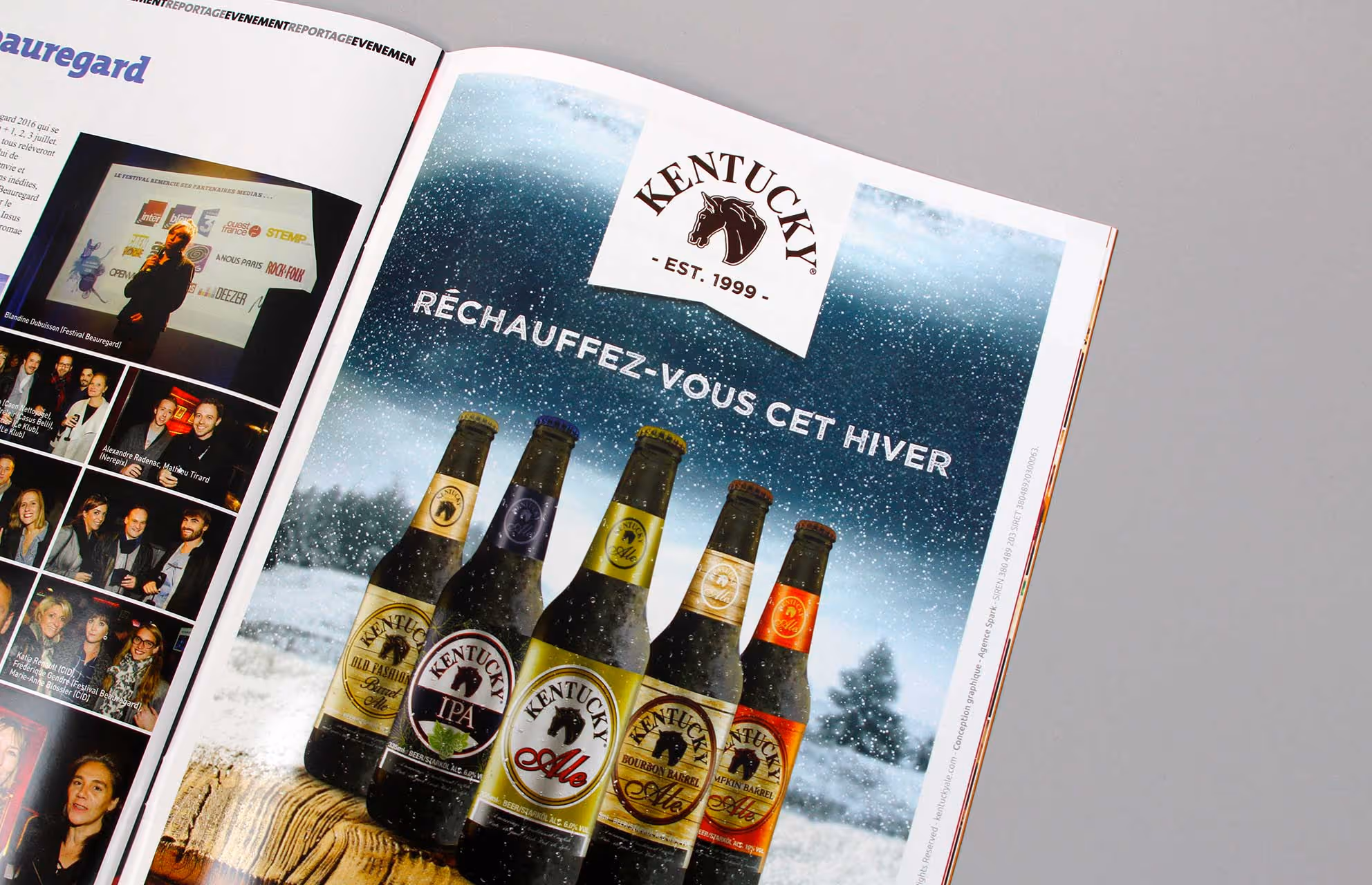 Publicité Kentucky Ale « Réchauffez-vous cet hiver » dans un magazine ouvert