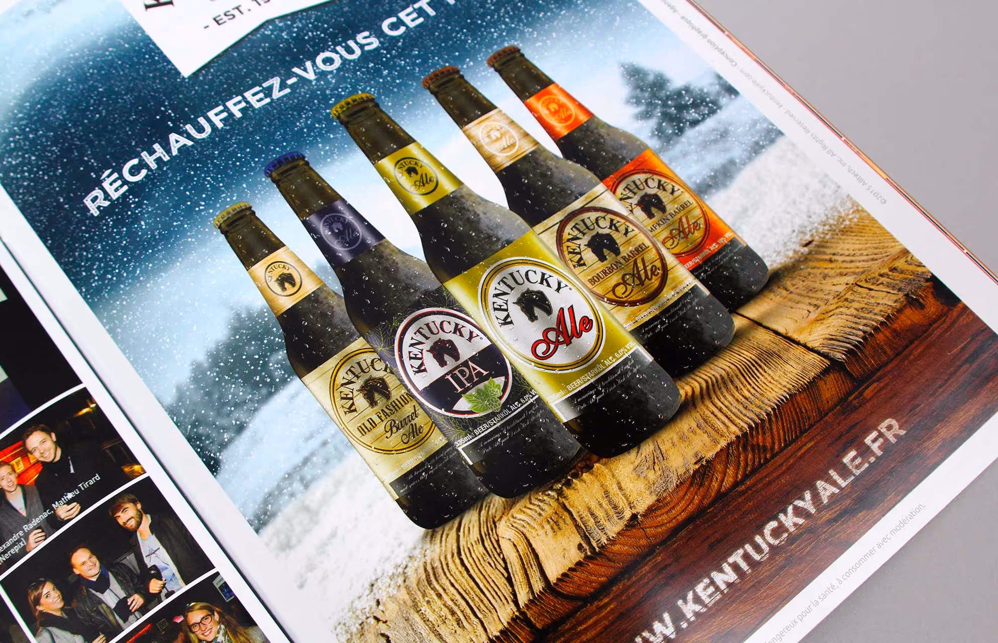 Visuel publicitaire A4 Kentucky Ale avec des bouteilles sur une planche de bois enneigée