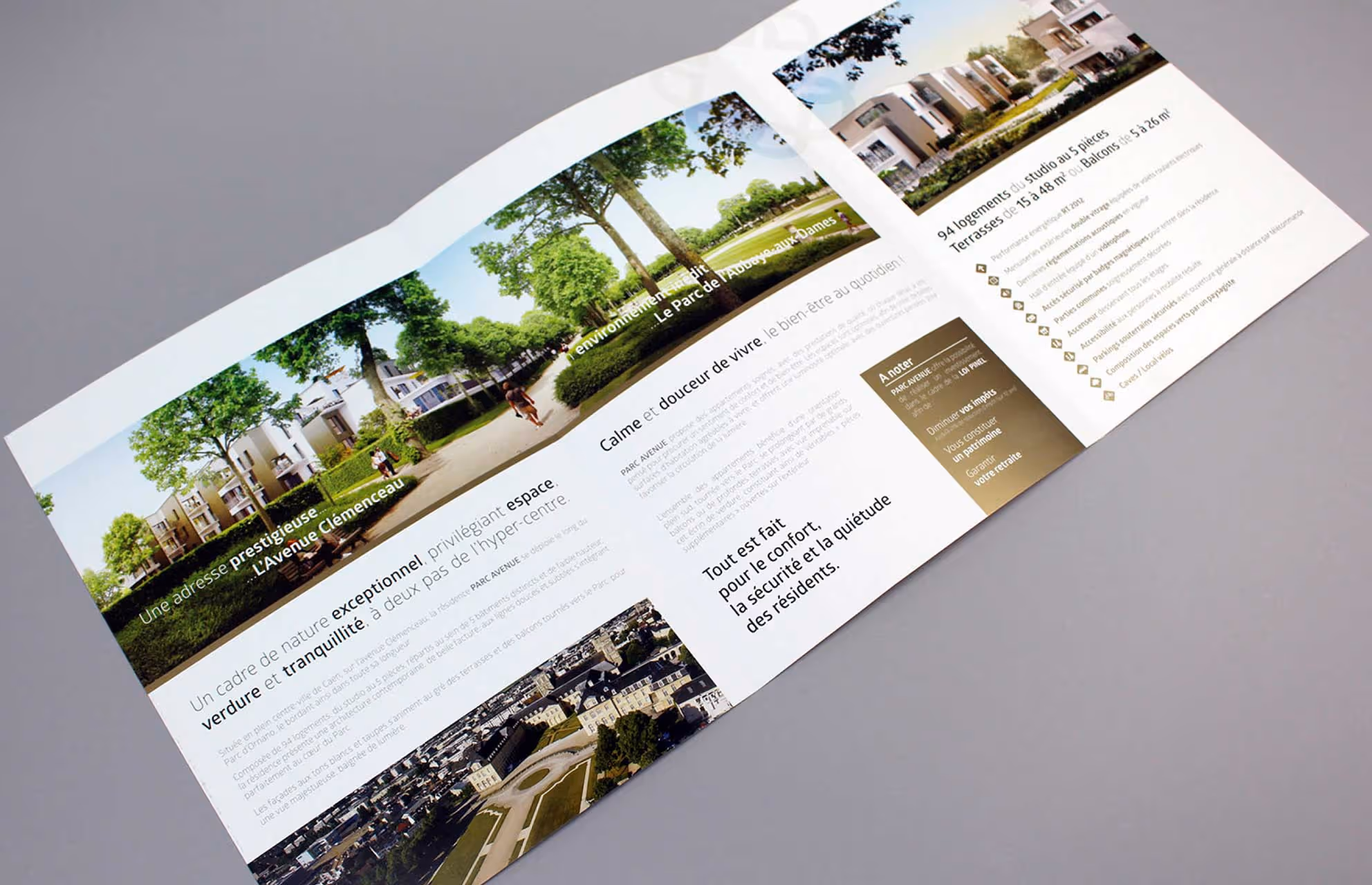 Double page de la plaquette Parc Avenue avec une allée arborée et du texte
