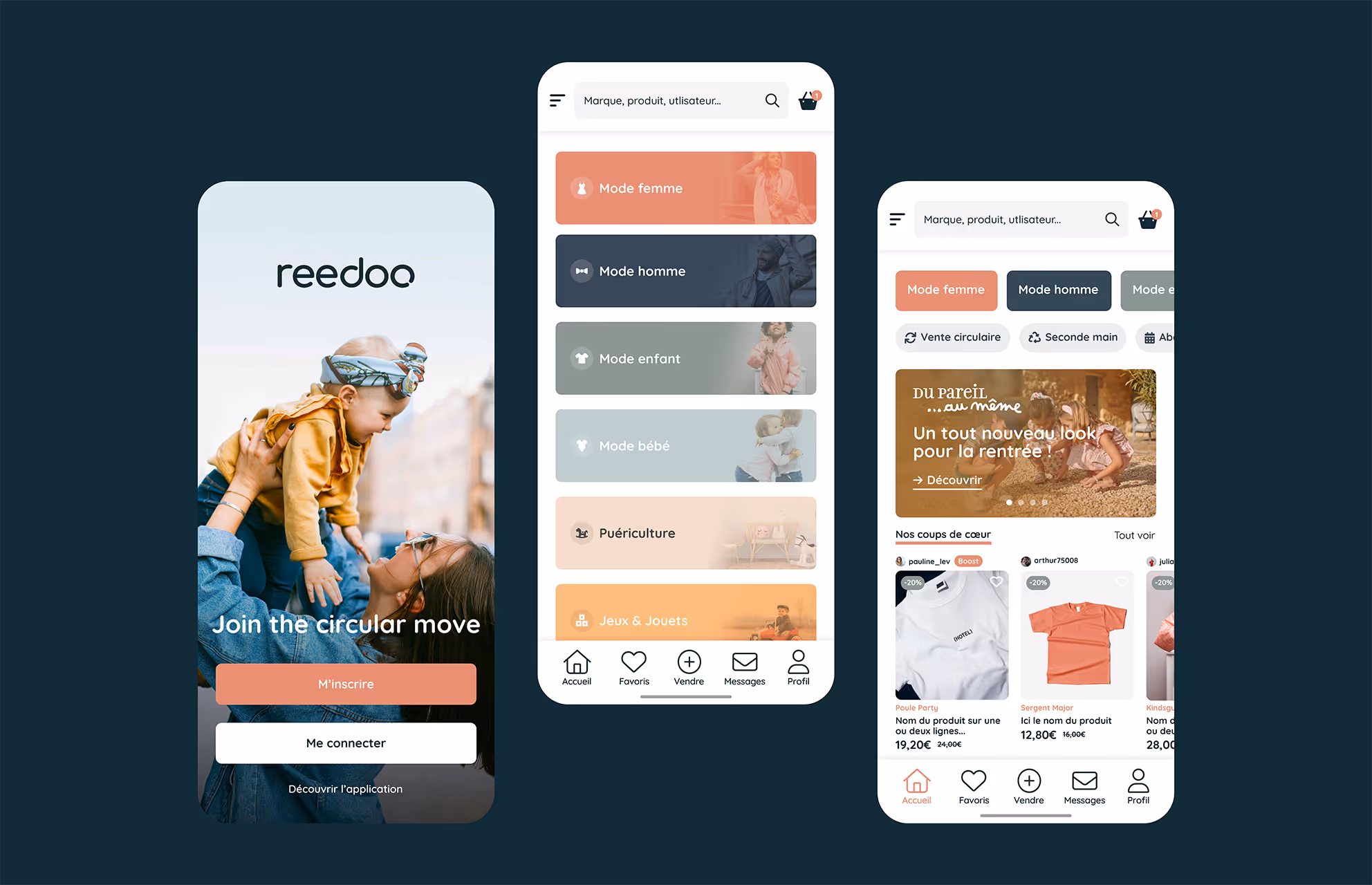 Écrans mobiles de l'application Reedoo : accueil « Join the circular move », catégories de mode et sélection d'articles