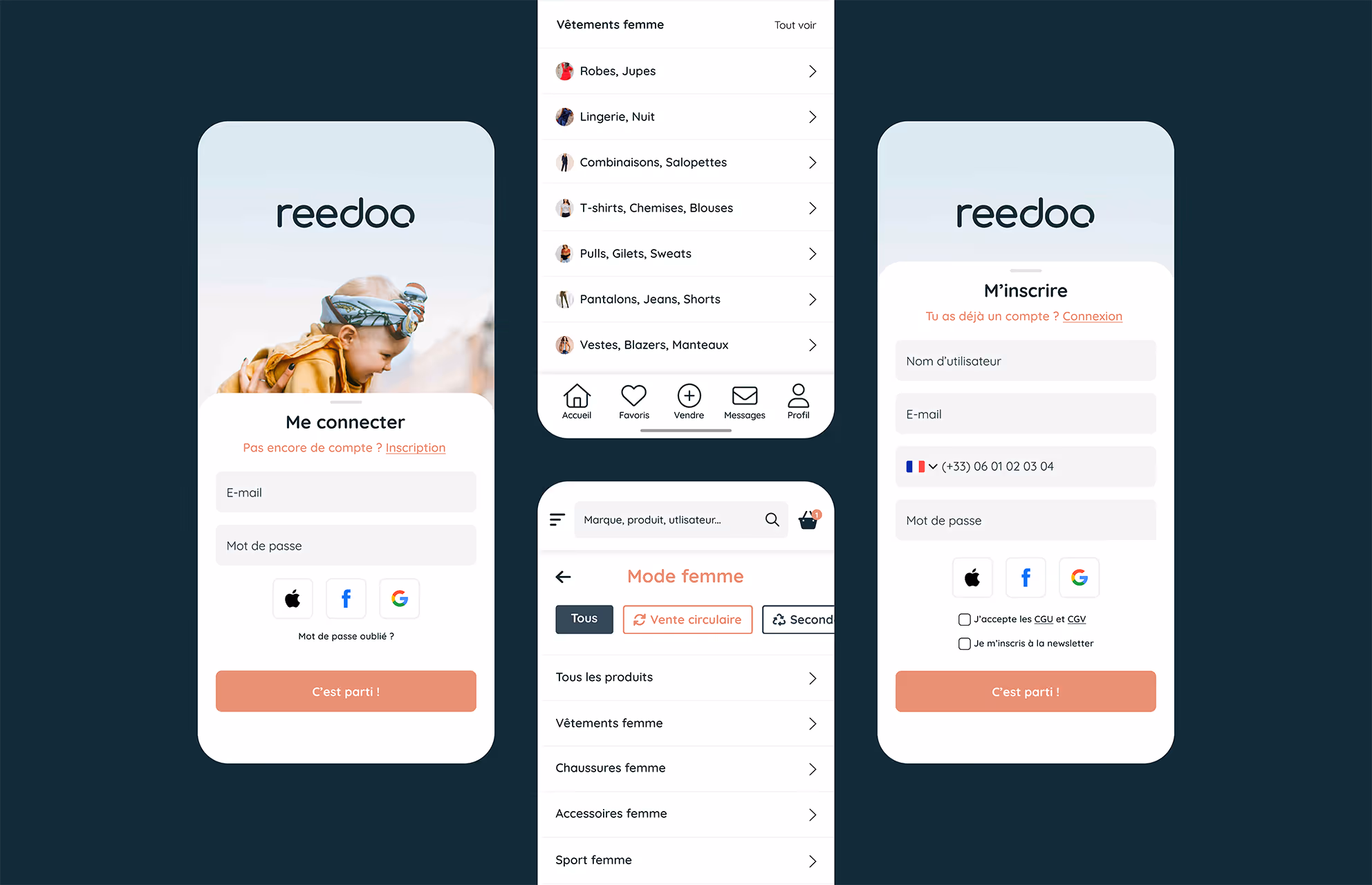 Écrans mobiles de l'application Reedoo : connexion, inscription et listes de catégories