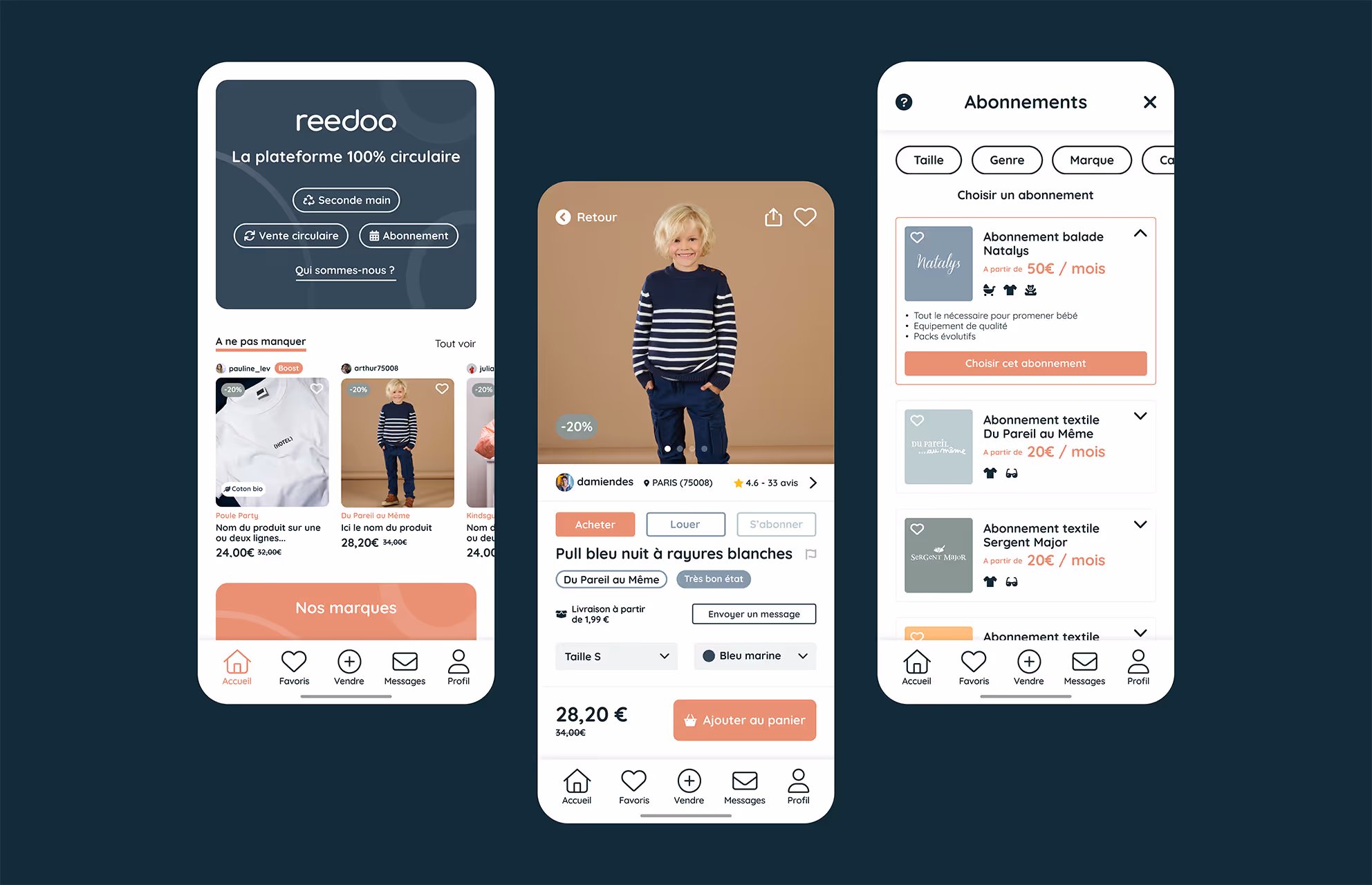 Écrans mobiles de l'application Reedoo : fiche produit, abonnements et présentation de la plateforme