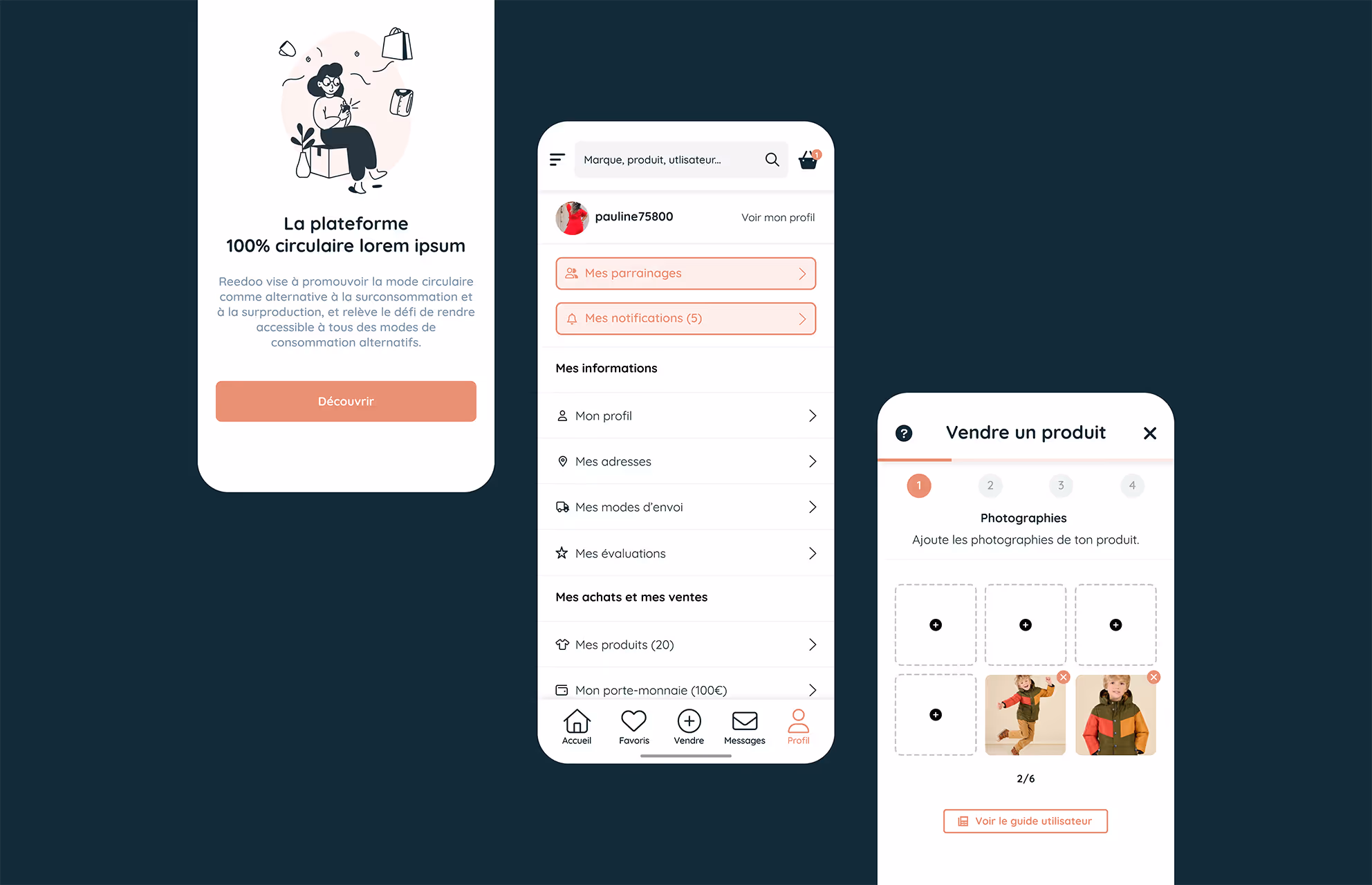 Écrans mobiles de l'application Reedoo : compte utilisateur et mise en vente d'un produit