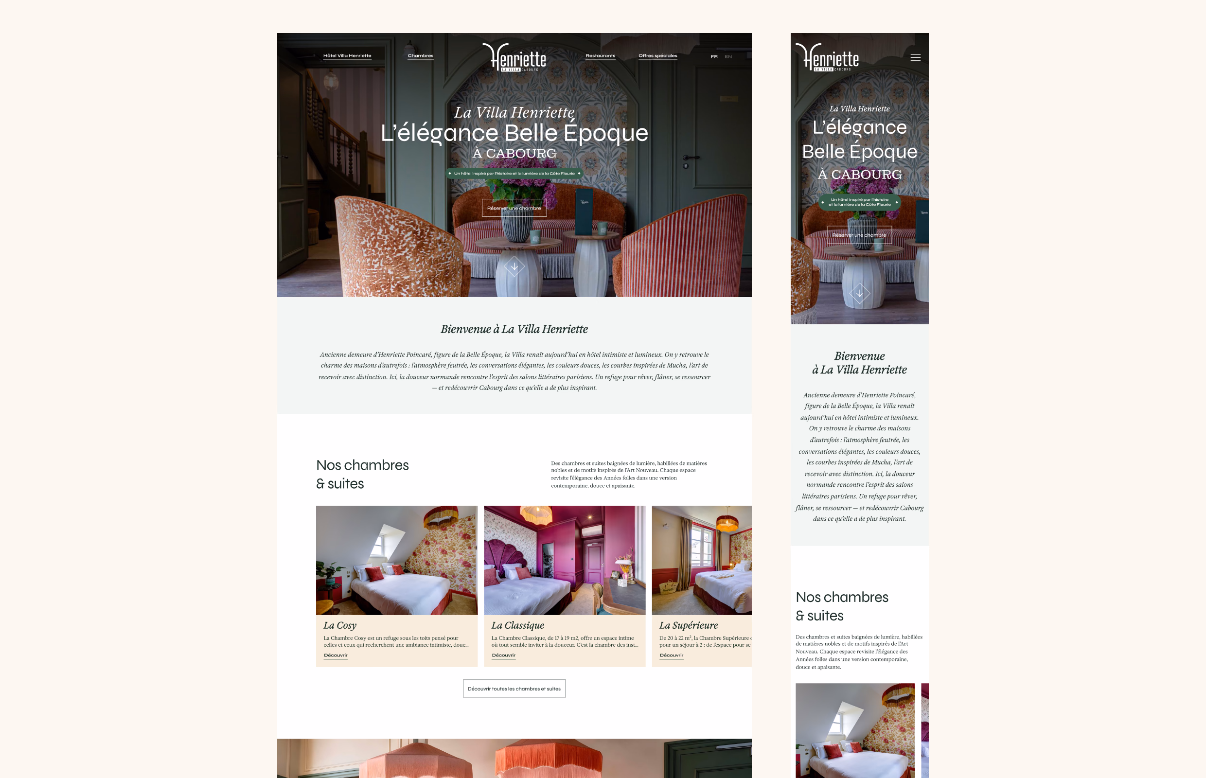 Page d'accueil du site de la Villa Henriette, en desktop et mobile : « L'élégance Belle Époque à Cabourg »