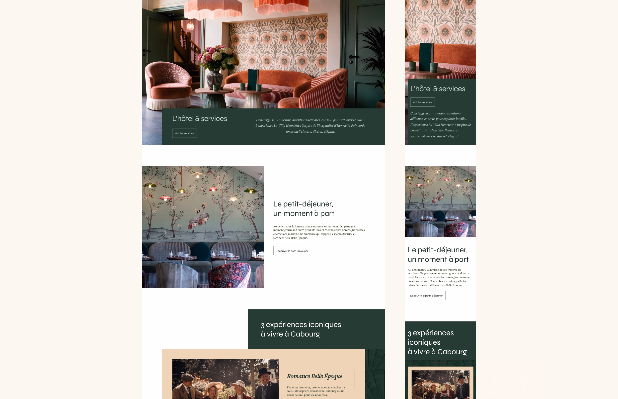 Sections « L'hôtel & services » et « Le petit-déjeuner, un moment à part » du site de la Villa Henriette, en desktop et mobile