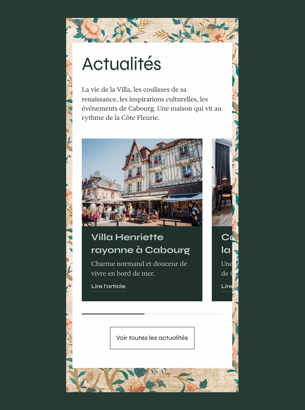 Section « Actualités » du site de la Villa Henriette en version mobile, avec un article sur Cabourg