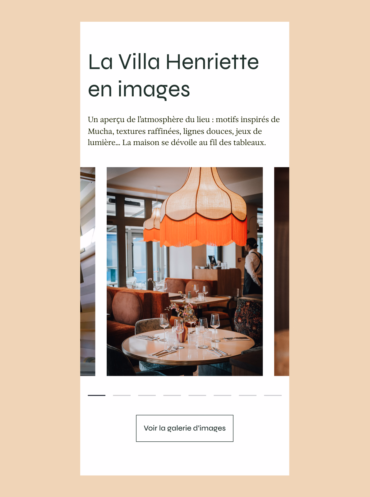 Section « La Villa Henriette en images » du site en version mobile, avec la photo d'une salle à manger