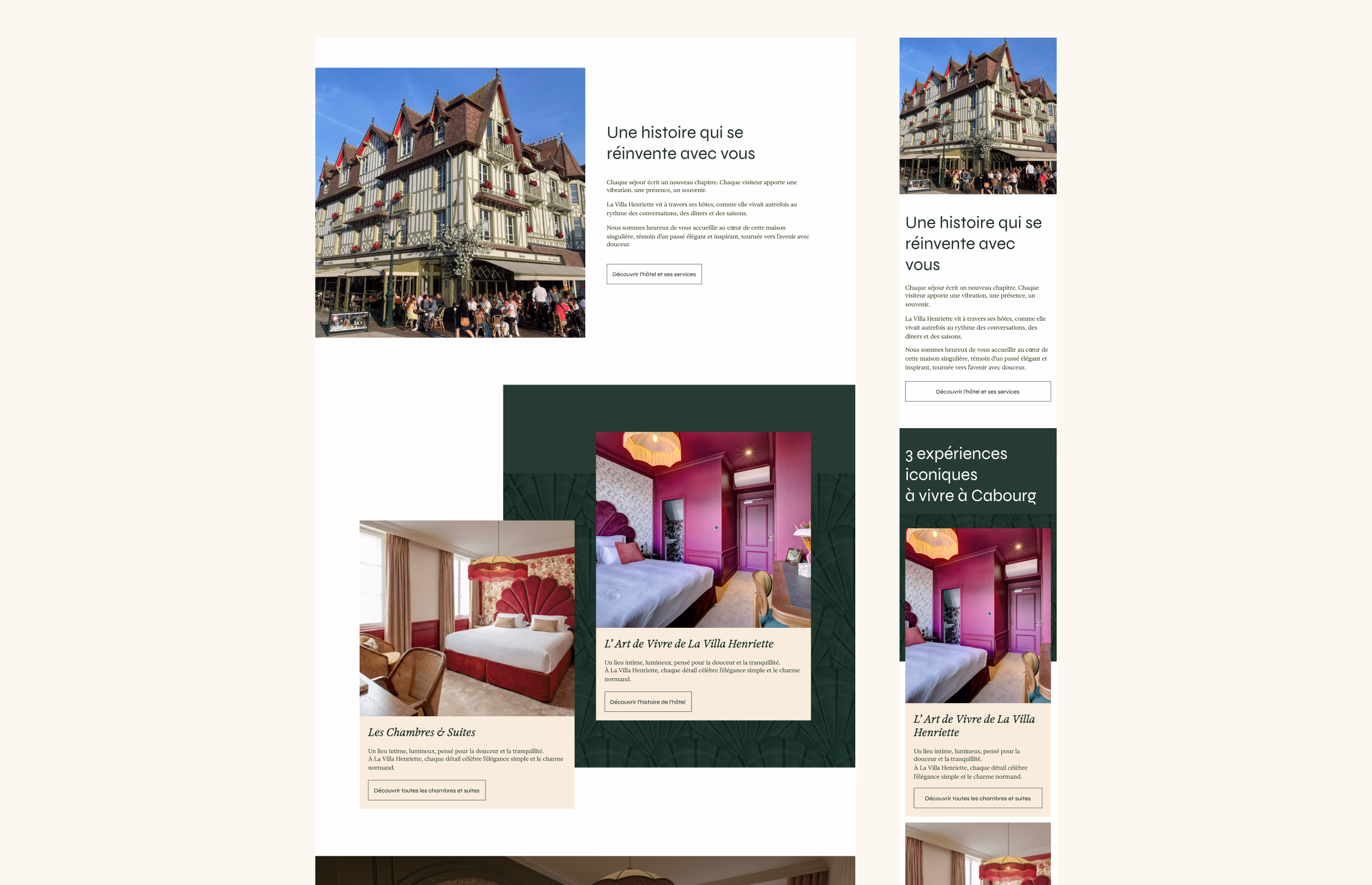 Page « Une histoire qui se réinvente avec vous » du site de la Villa Henriette, en desktop et mobile